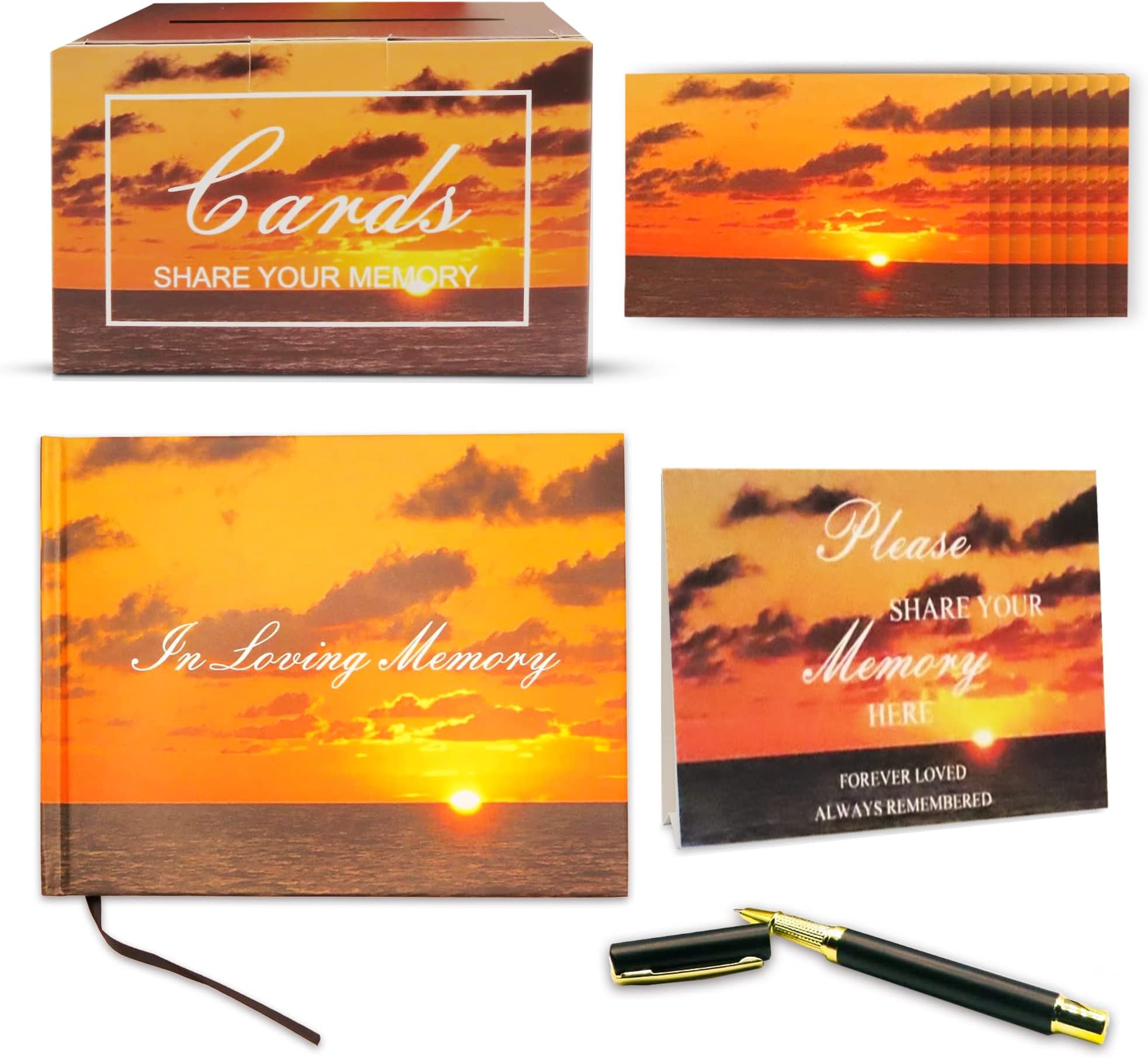 Funeral Guest Book, Celebration of Life, Memory Cards with Box, Table Sign and Stylish Pen, Black, 12 inches x16 inches x2 inches