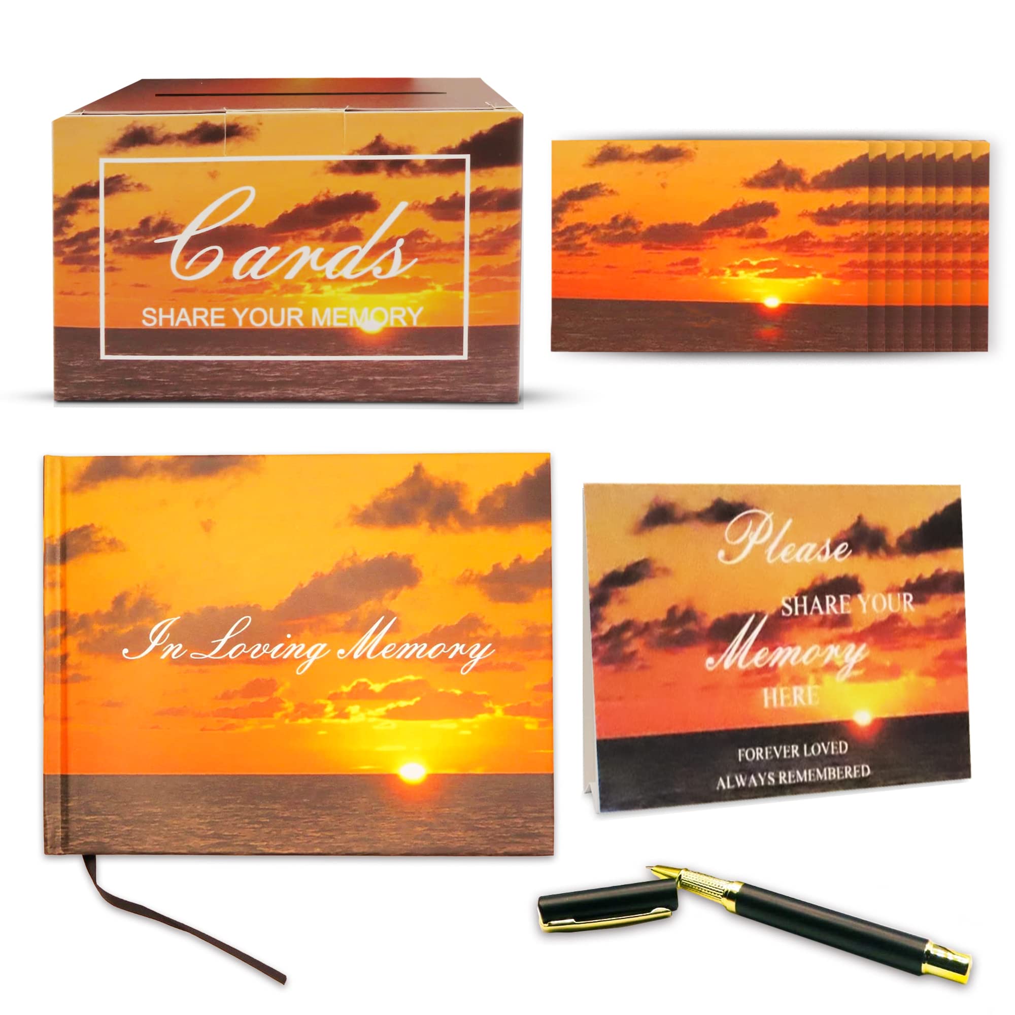 Funeral Guest Book, Celebration of Life, Memory Cards with Box, Table Sign and Stylish Pen, Black, 12 inches x16 inches x2 inches