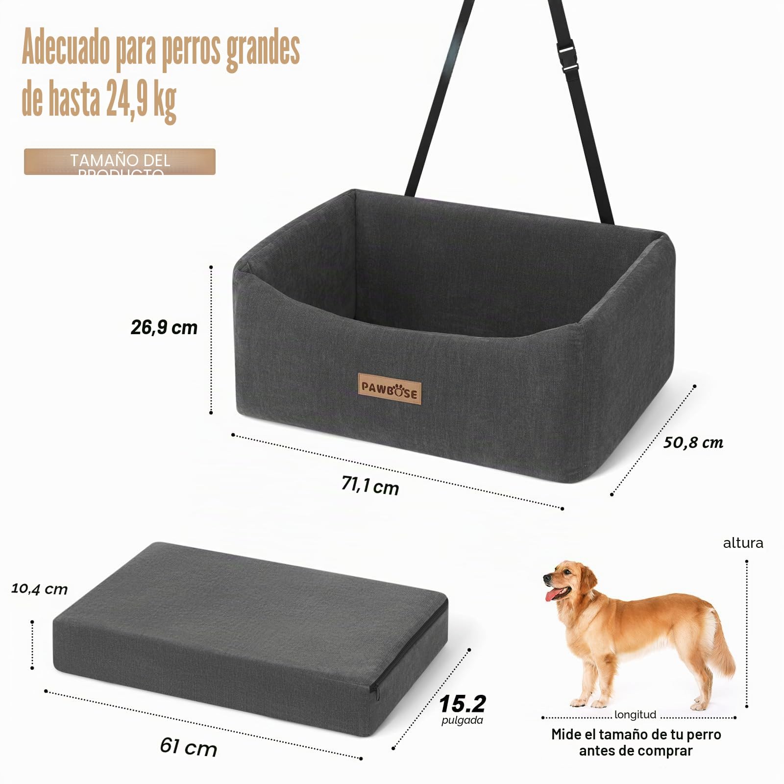 Asiento de Coche para Perros Grandes 25 kg, 2 Perros Pequeños, Cojín Grueso, Gris Elevado Cama Coche Perro