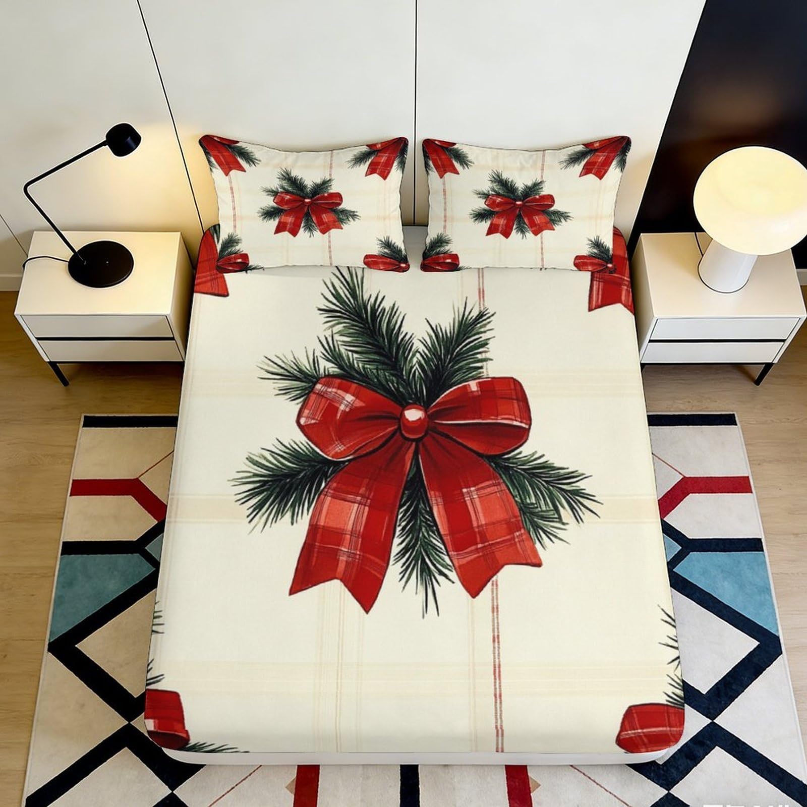 3D Printed Christmas Bow Fitted Sheet Microfiber Soft Breathable Holiday Pine Mattress Cover for Bedroom Dormitory Guest Room Protection Decoration 200x200x25cm