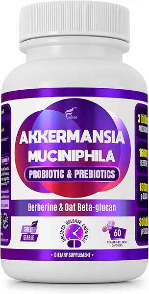 FOLONA Delayed Release Akkermansia GLP-1 Probiotic with Berberine and Soluble Beta-Glucan Prebiotic Fiber; 3 Billion AFU, 60 Capsules (2 Months Supply) for Gut Health Support