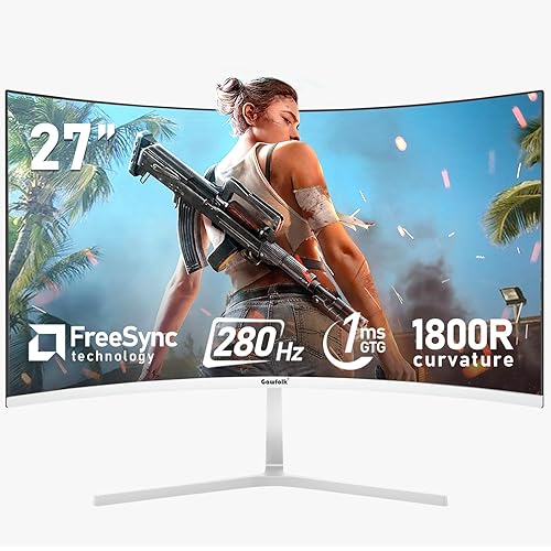 Gawfolk 27 Inch PC Computer Screen,1800R Curved Gaming 280Hz Monitors, FHD 1080p 1ms, Freesync, 98% sRGB,178 ° Angle View HDMI2.0、DisplayPort, Compatible with Wall-Mounted 100 * 100MM-White - 27 inch - FHD 280Hz - White