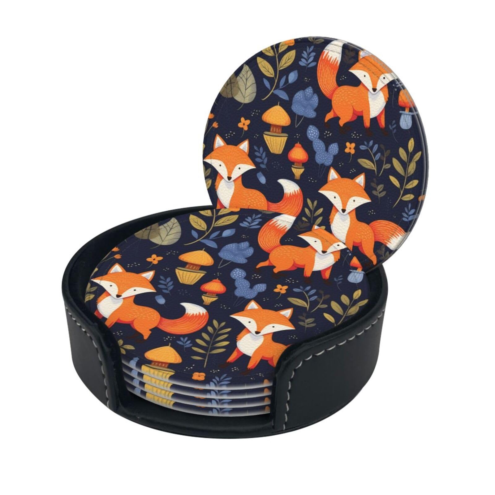 Fjqwklf Cute Animal Fox Flower Stylish Coasters - Set Of 6 Round Leather Drink Coasters With Holder - Perfect Size For Cups And Glasses