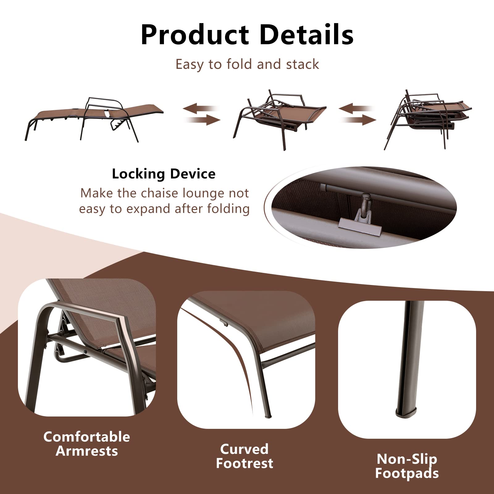 Giantex Lot de 2 chaises longues pliantes - Avec dossier réglable sur 5 niveaux - En cadre en acier et textilène - Charge maximale : 150 kg - Marron