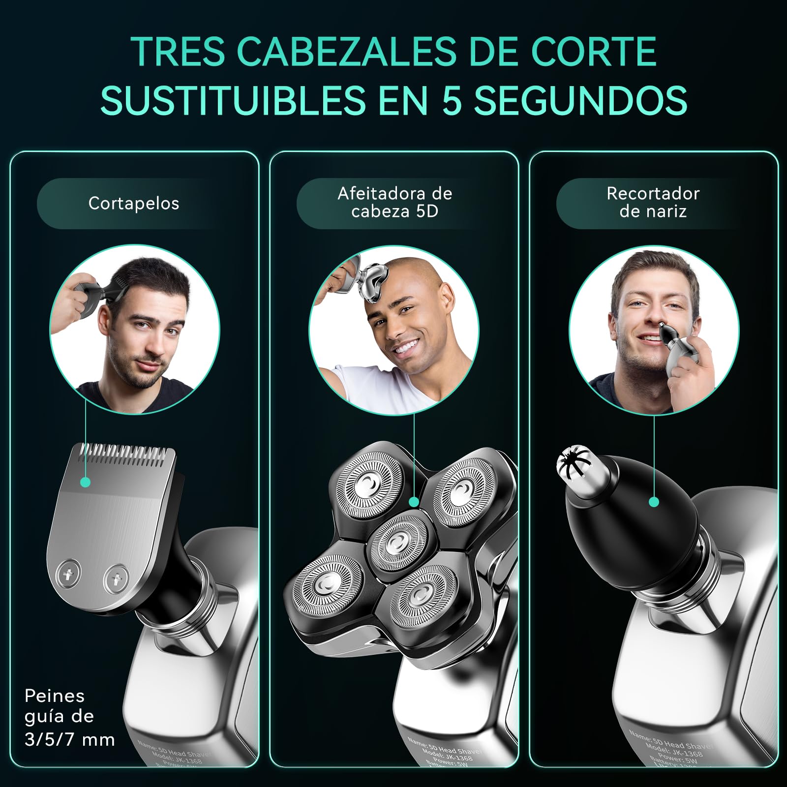Kensen Afeitadora Cabeza Hombre 3 en 1, IPX6 Impermeable Maquina Afeitar Cabeza para Calvo con Cabezales Magnéticos 5D, Cortapelos y Nariz, Afeitado en Seco y Húmedo, Carga USB-C