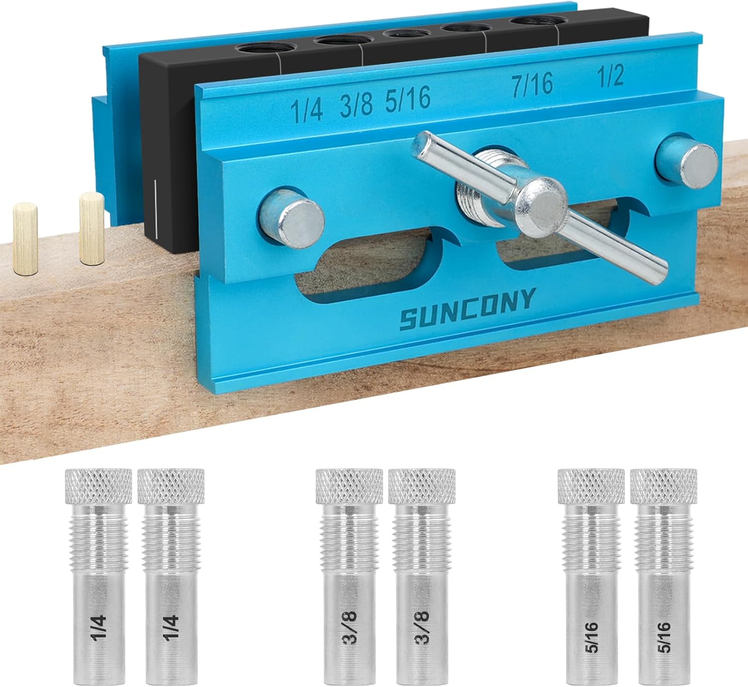 Doweling Jig Self Centering Kit,Biscuit Joiner Woodworking Dowel Jig Tool for Straight Holes, Drilling Jig With 6 Bushings, Ajustable Width Drilling Guide Power Tool Accessory Jigs (Blue)