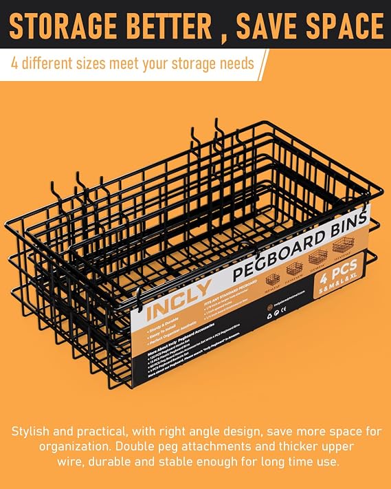 INCLY 4 Pack Pegboard Baskets Bins Set, 4 Size Square Style Black Metal Wire Basket for Any Peg Board Organizing Tools, Pegboard Accessories for Workbench Garage Wall Storage Attachments