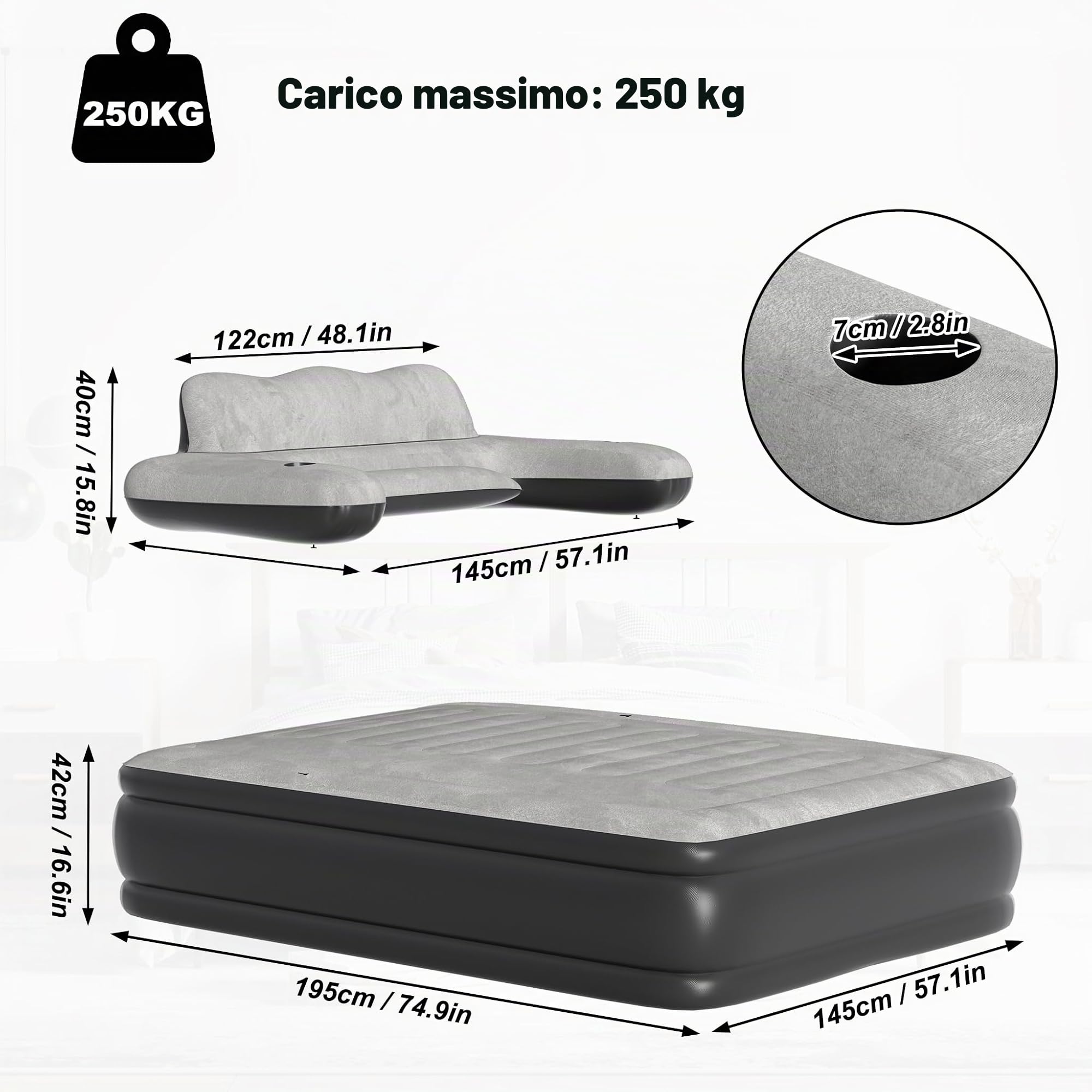 NAIZY Materasso ad aria 195×146×42 cm, letto ad aria per 2 persone, materasso gonfiabile con schienale, letto da campeggio incluso pompa ad aria, letto per gli ospiti, letto da viaggio, max fino a 250