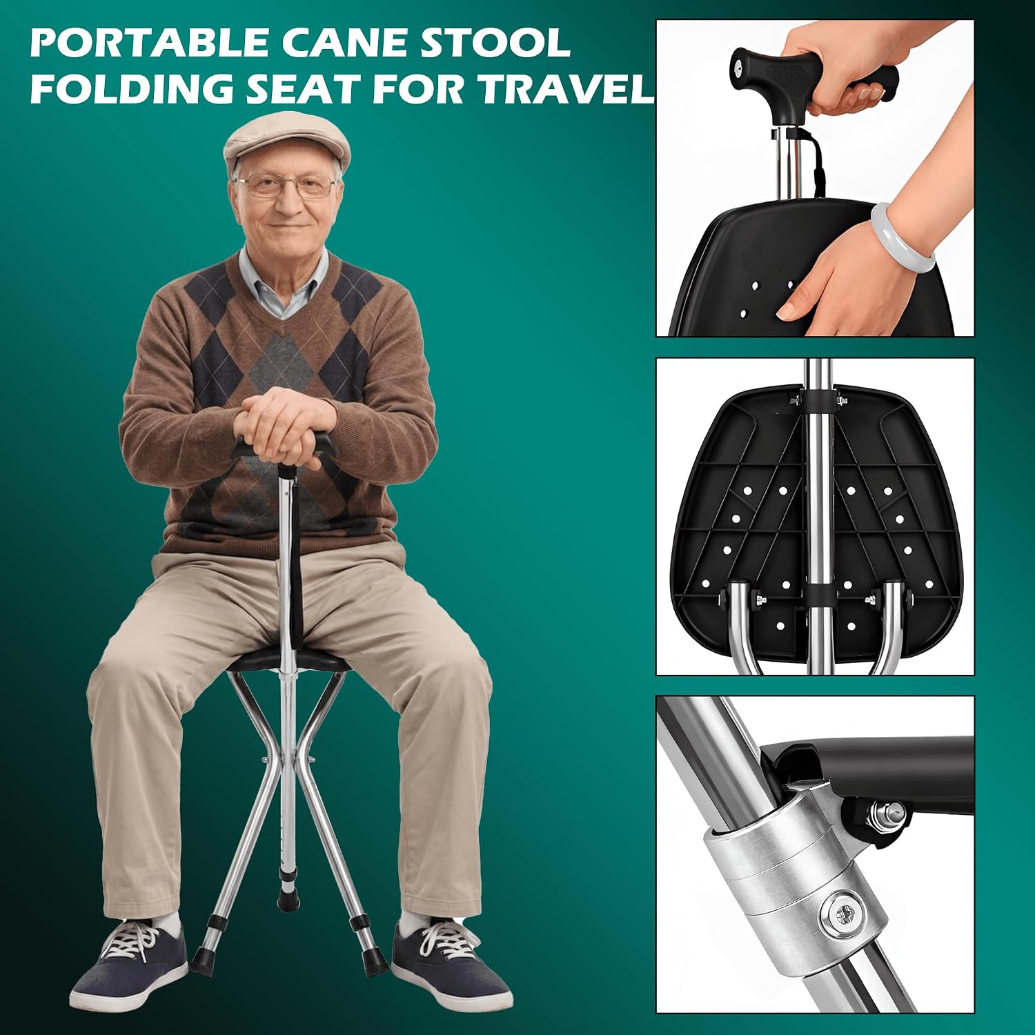 Hold 330 lbs Folding Canes with Seat Walking Stick - Lightweight Adjustable Walkers for Seniors with Seat, LED Light - Portable Sturdy Non Slip Canes for Women and Men - Elderly Folding Outdoor Chairs