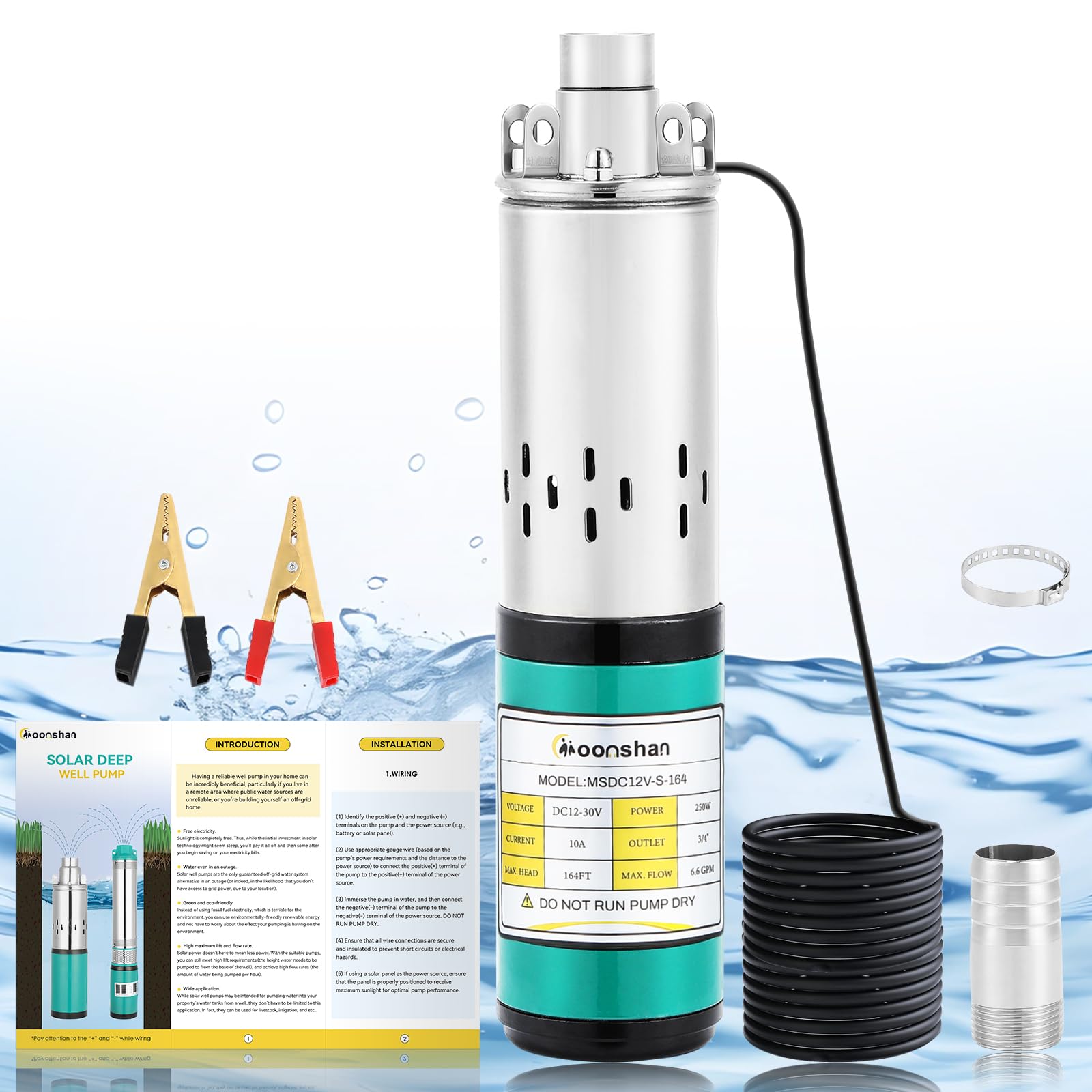24V DC Deep Well Pump Solar Submersible Water Pump, Max Head 164 FT, Max Flow Rate 6.6 GPM, Stainless Steel Screw Pump for Well, Livestock, Water Reservoir