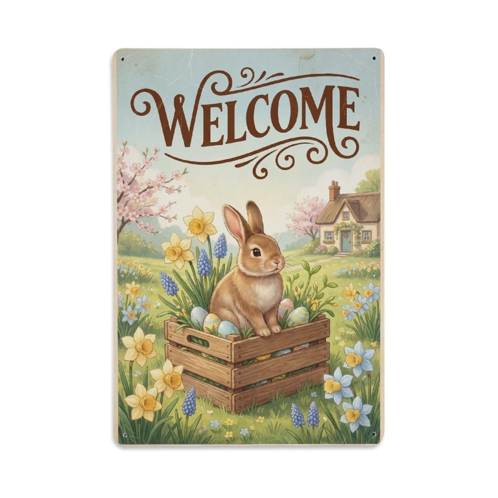 Cxhjca 8X12inch(20X30cm) Vintage Welcome Bunny Easter Joy Metal Tin Sign