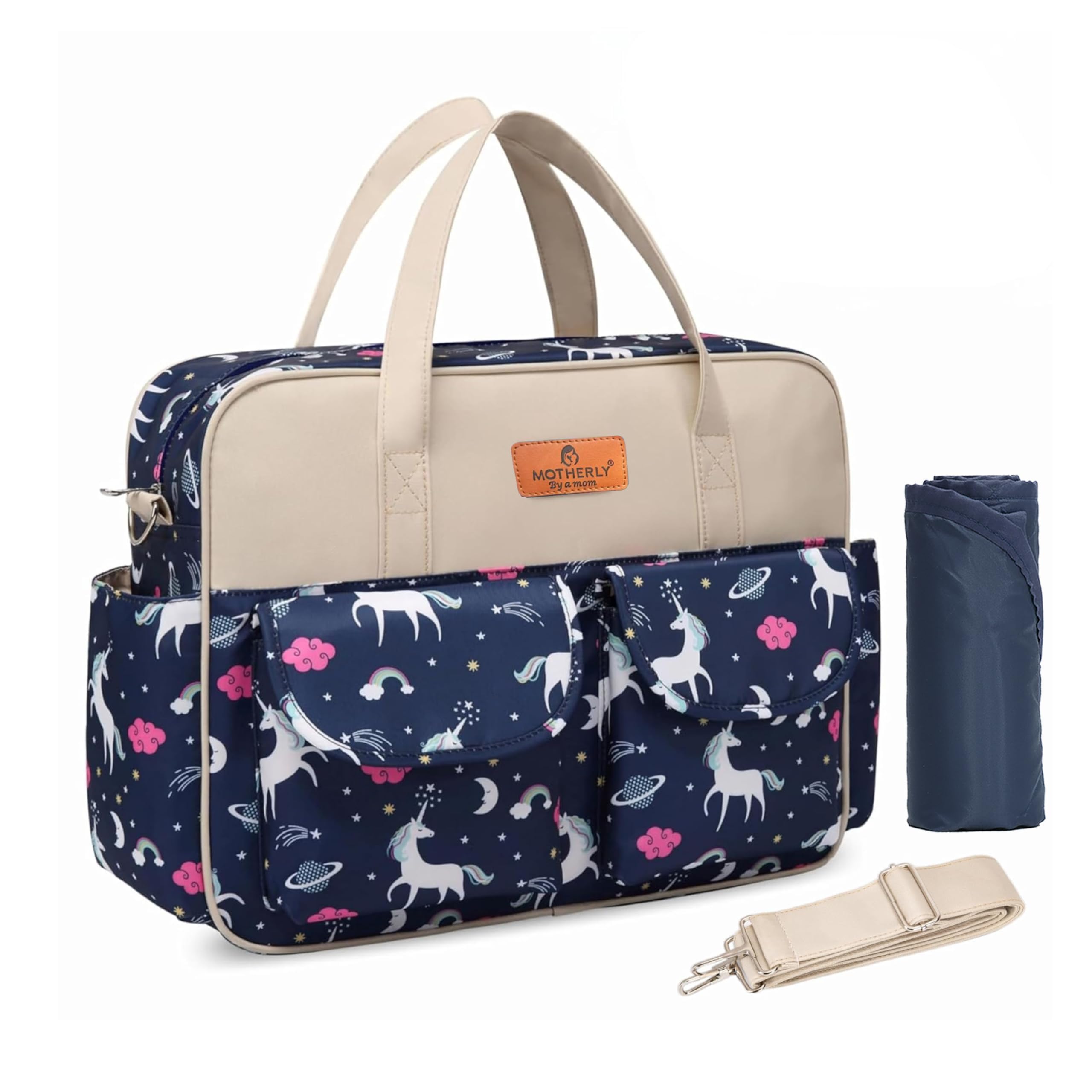 Motherly Grace Tote Diaper Bag for Mothers for Travel with Changing Mat and 6-Month Assurance| Maternity Hospital Bag for Newborn | Water-Resistant Baby Bag for mom-Unicorn Blue