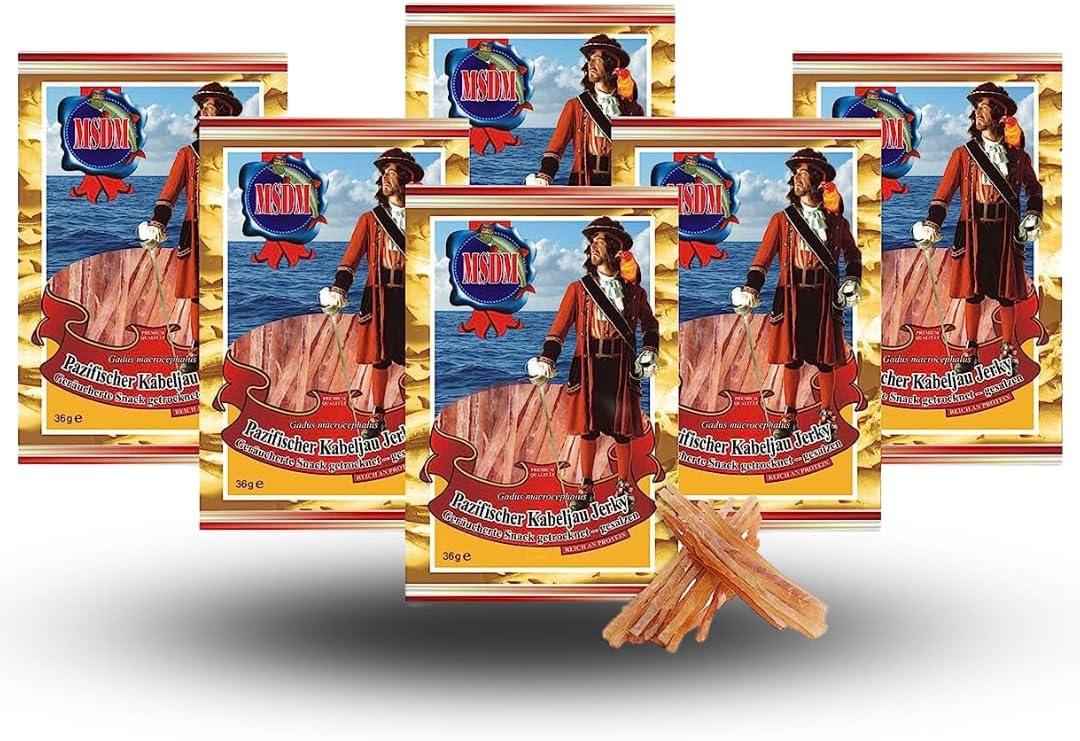 Pacific Cod Fish Jerky - Smoked (6 x 36g Pack) Dried and Salted I healthy Pre & Post Workout Fitness Snack I Low Carb I Low Fat I Rich in Protein & Omega 3 Fatty acids for Men & Women