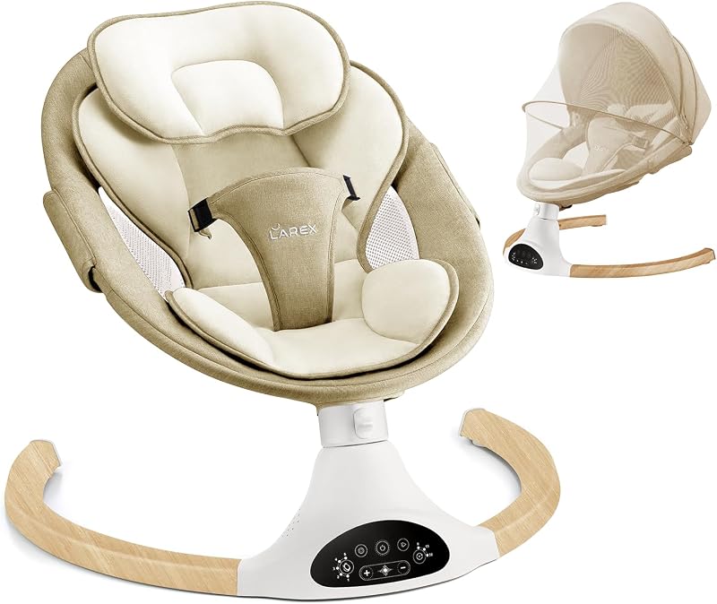 Columpio para bebés LAREX para bebés y niños pequeños con control remoto y Bluetooth | Mecedora eléctrica portátil para bebés con 5 velocidades de balanceo y temporizadores, 10 melodías, arnés de 3 puntos, máximo 20 libras, 0-6 meses, color caqui