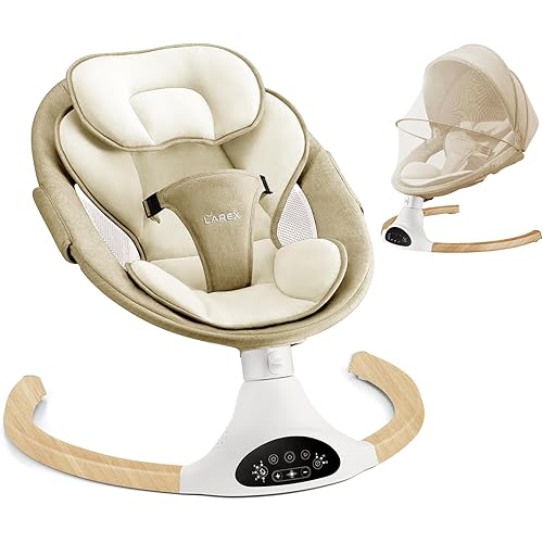 LAREX Baby Swing Infant Swing Electric Toddler Baby Rocker Portable for Newborn Boy Girl, 5 Sway Speeds with Remote Control, 10 Preset Melodies and Bluetooth, 0-6 Months Max 20 Lbs (Khaki)