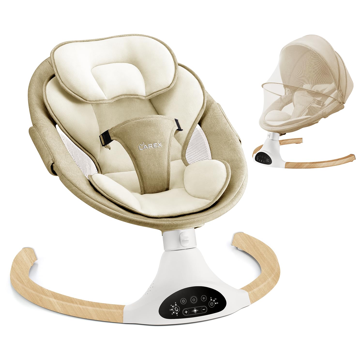 LarexBaby Swing Infant Swing Electric Toddler Baby Rocker Portable for Newborn Boy Girl, 5 Sway Speeds with Remote Control, 10 Preset Melodies and Bluetooth, 0-6 Months Max 20 Lbs (Khaki)