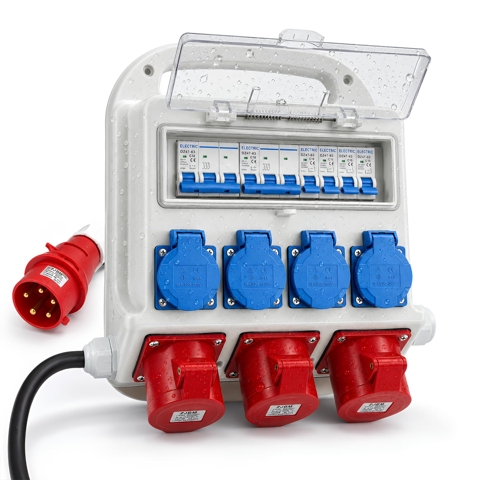 Coffret Électrique de Chantier, 32A Répartiteur de Courant avec 2x CEE 16A & 1x CEE 32A & 4x 230V Schuko, IP67 Tableaux à Disjoncteurs Électriques avec Disjoncteur FI, pour Intérieur Extérieur