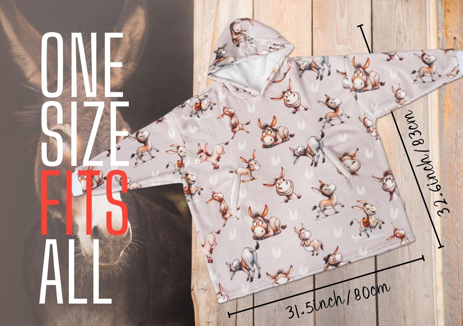 Donkey Gifts for Women & Men, Don Themed Wearable Flannel Blanket Hoodie, Oversized Hooded Sweatshirt, One Size, Beige