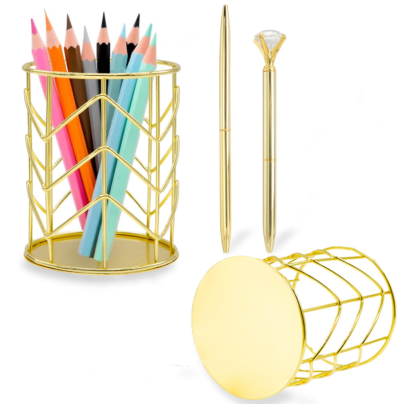 2pcs Metal Pencil Holder, Makeup Brush Holder with 2pcs Pen, Mesh Desk Organizer Round Iron Hollowed Out Pen Holder for Desk, Office, Home and School (V shape)