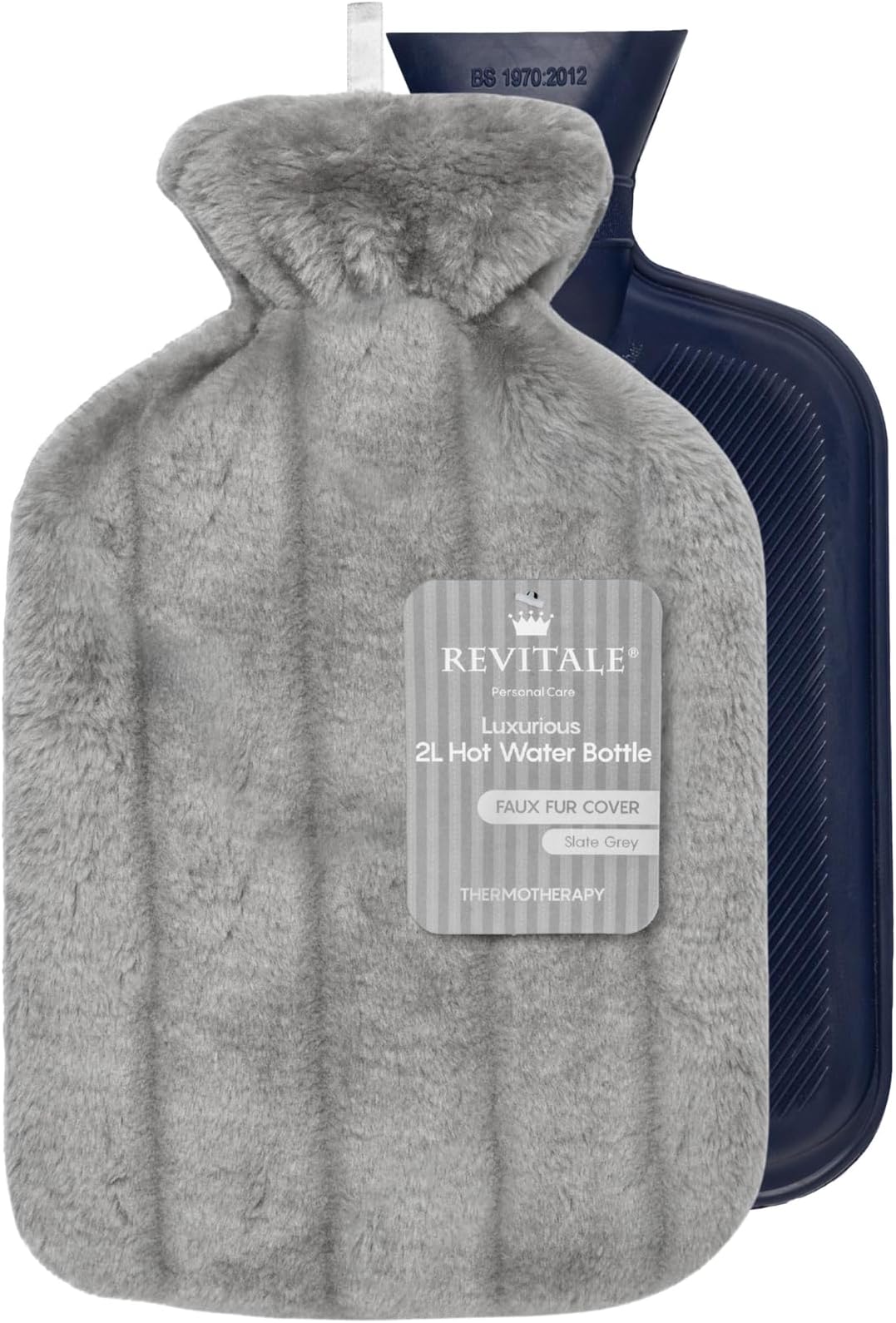 Revitale Luxury Cosy Hot Water Bottle 2 Litre, Soft Cover, Single Ribbed Natural Rubber 2025, British Standard BS1970:2012, Durable & Leak-Resistant (Slate Grey)