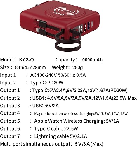 Miniatura 8 de Cargador portátil con enchufe de pared de CA y cables integrados 10000mAh 5 en 1 USB C Power Bank con cargador inalámbrico 6 salidas de entrada
