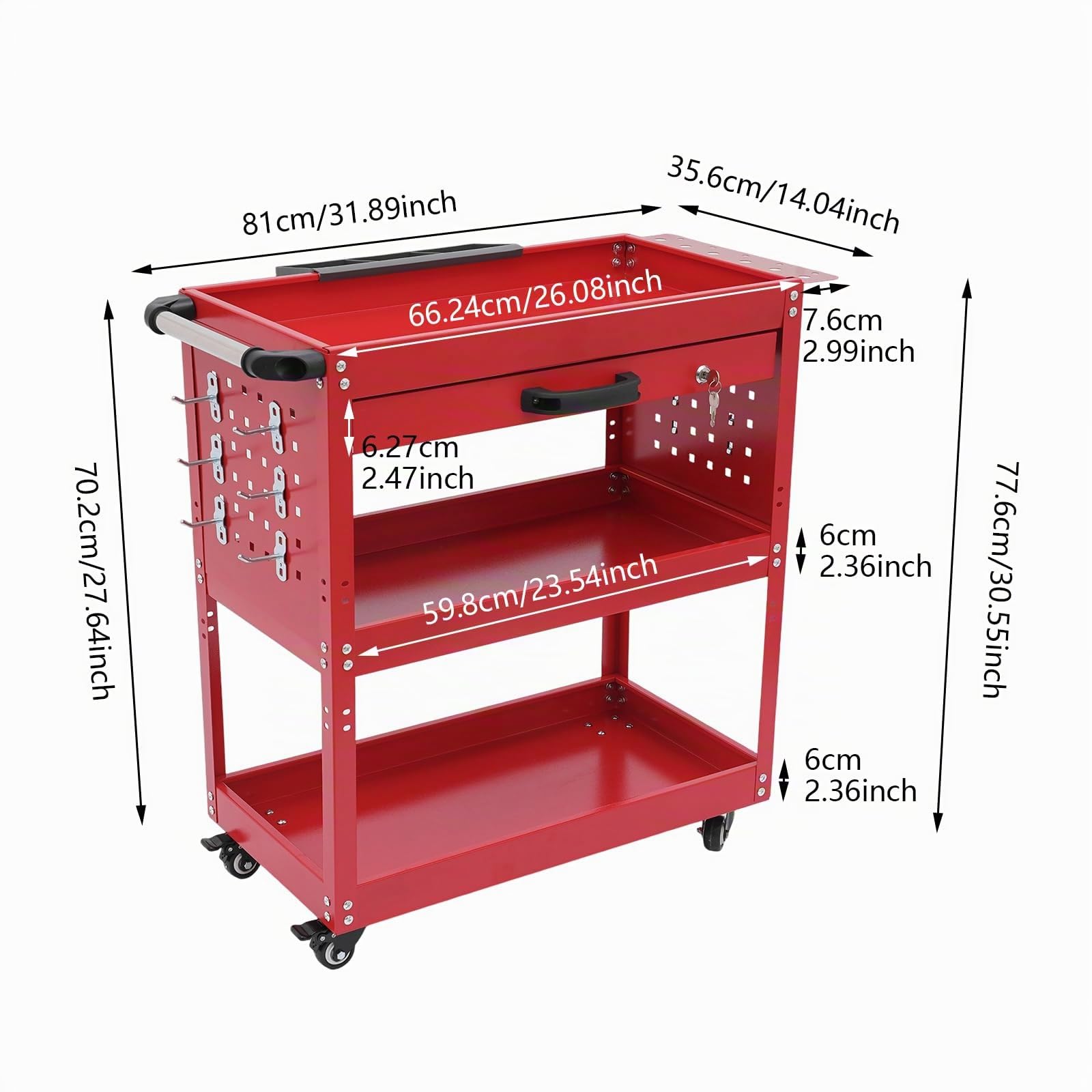 Carro de taller de 3 pisos con 4 ruedas universales, capacidad de carga de hasta 250 kg, para mantenimiento de coches, almacenes, garajes (rojo)