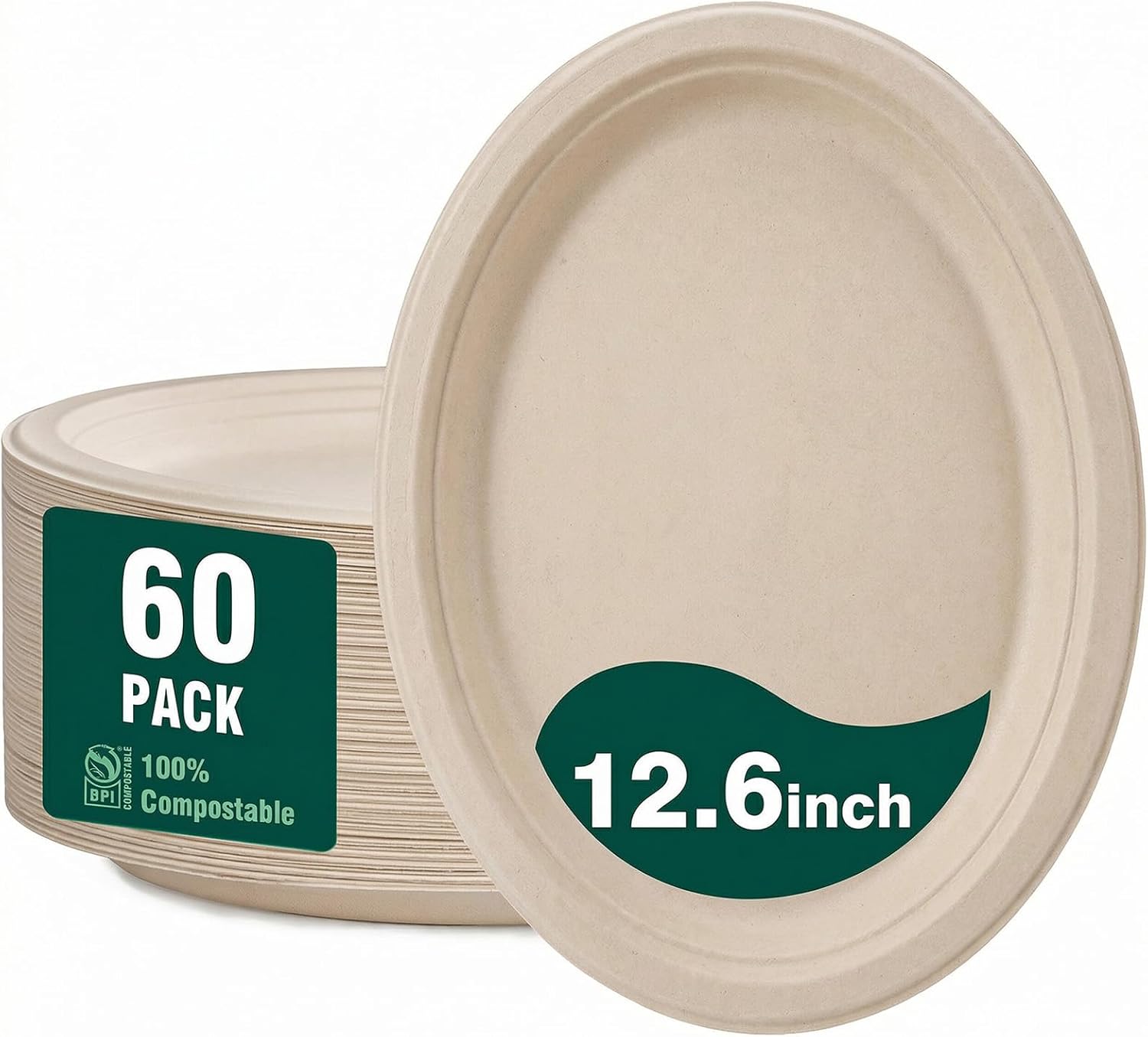 DaYammi 100% Compostable Oval Paper Plates 12 Inch, 60-Pack Heavy Duty Paper Plates Bulk,Biodegradable Bagasse,Eco-Friendly Disposable Dinner Plate for BBQ,Picnic,Party (BPI Certified,Microwaveable)