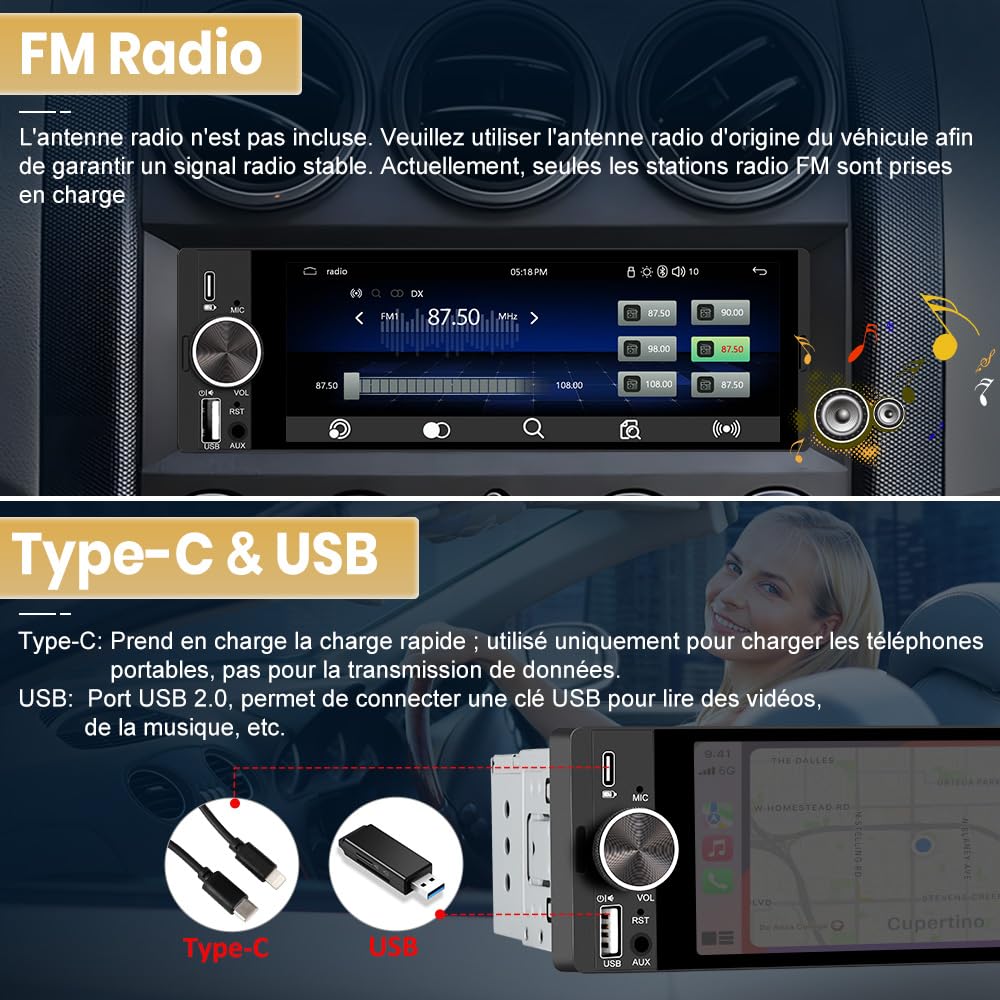 Junsun Autoradio 1 DIN Écran Tactile 6,36" avec CarPlay & Android Auto, Bluetooth, GPS, FM, Charge Type-C, 2 USB, Microphone, Égaliseur, Commandes au Volant