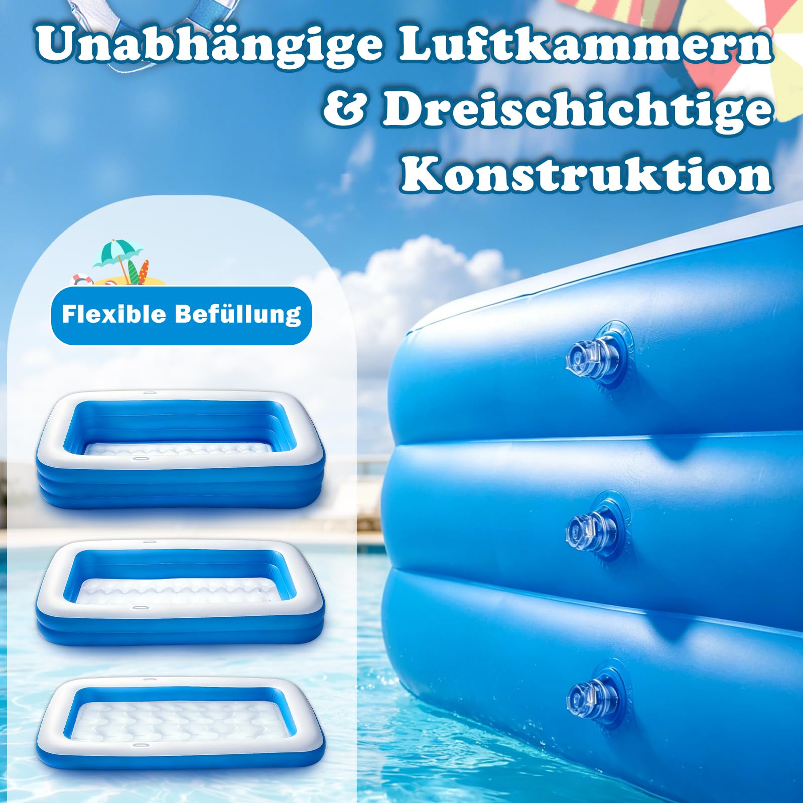 Planschbecken für Kinder, Aufblasbarer Planschbecken Rechteckig mit 2 Beachball und 2 Mini-Wasserpistole, Verdickter Swimmingpool Kinder für Garten, Outdoor, Sommer-Wasserpartys (Blau)