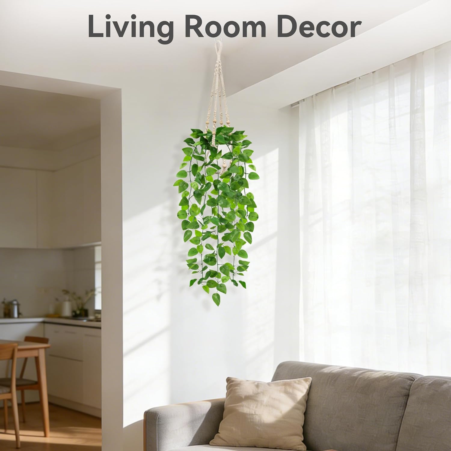 USLAI Fake Hanging Plant, Artificial Pothos Vines Greenery with Pot and Macrame Plant Hanger for Indoor Outdoor Boho Decor