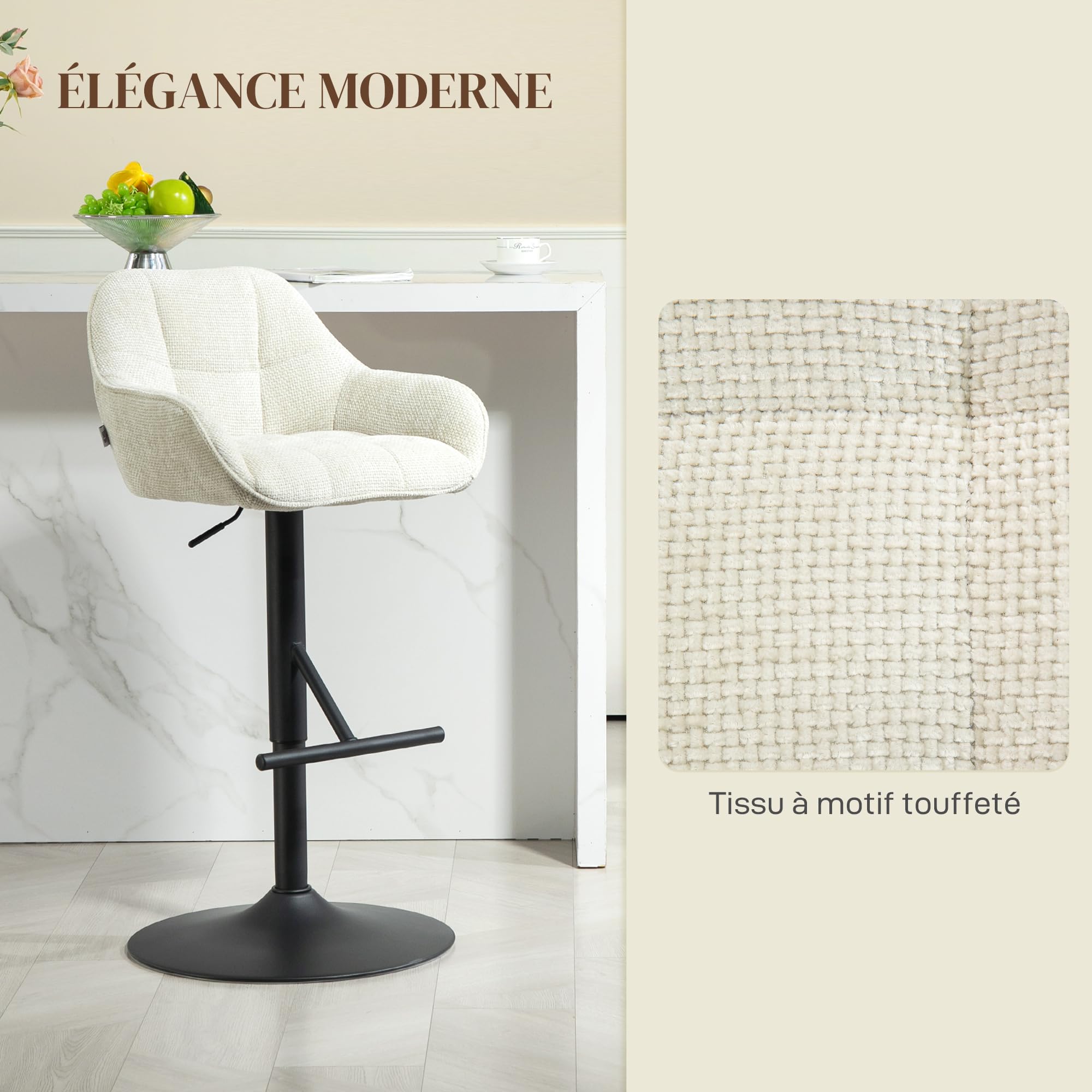 HOMCOM Lot de 2 Tabourets de Bar Hauteur Réglable Crème