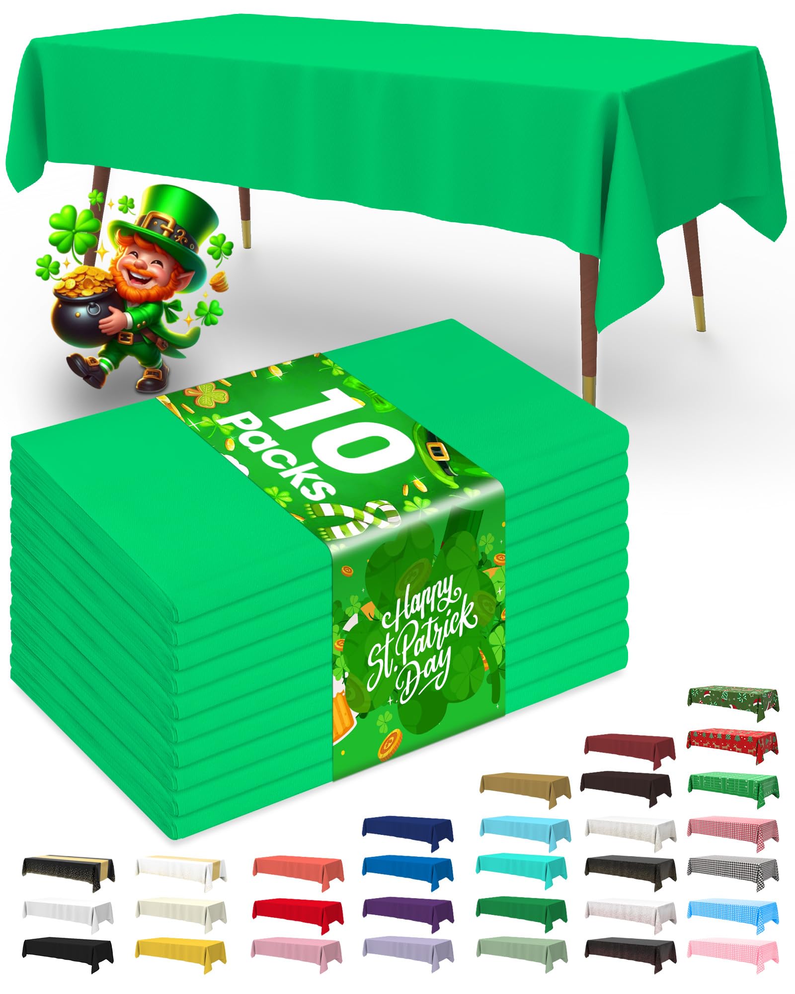 Pureegg Plastic Table Cloth Disposable 10 Pack, 54 x 108 Inch Table Cloths, St Patricks Day, Christmas Decorations, Tablecloths, Rectangle, Forest, Plastic Cover, Leakproof & Sturdy, Green
