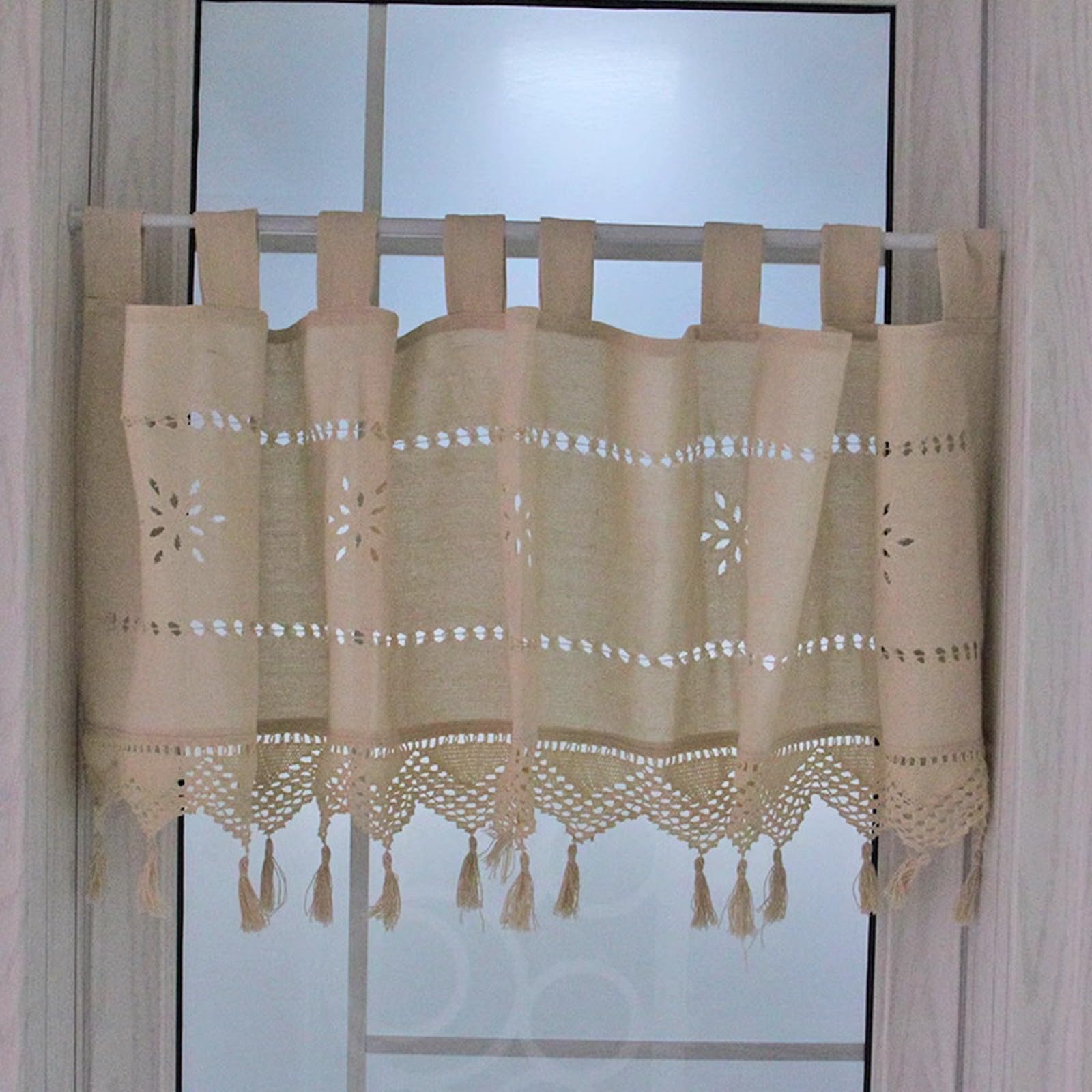 A.Monamour Cortina Cocina Ventana Puerta Corta Pequeña Ganchillo Rústico De Algodón Hueco con Borlas Semitransparente Panel Cenefa Rustica Bistro para Dormitorio Café Baño Habitación