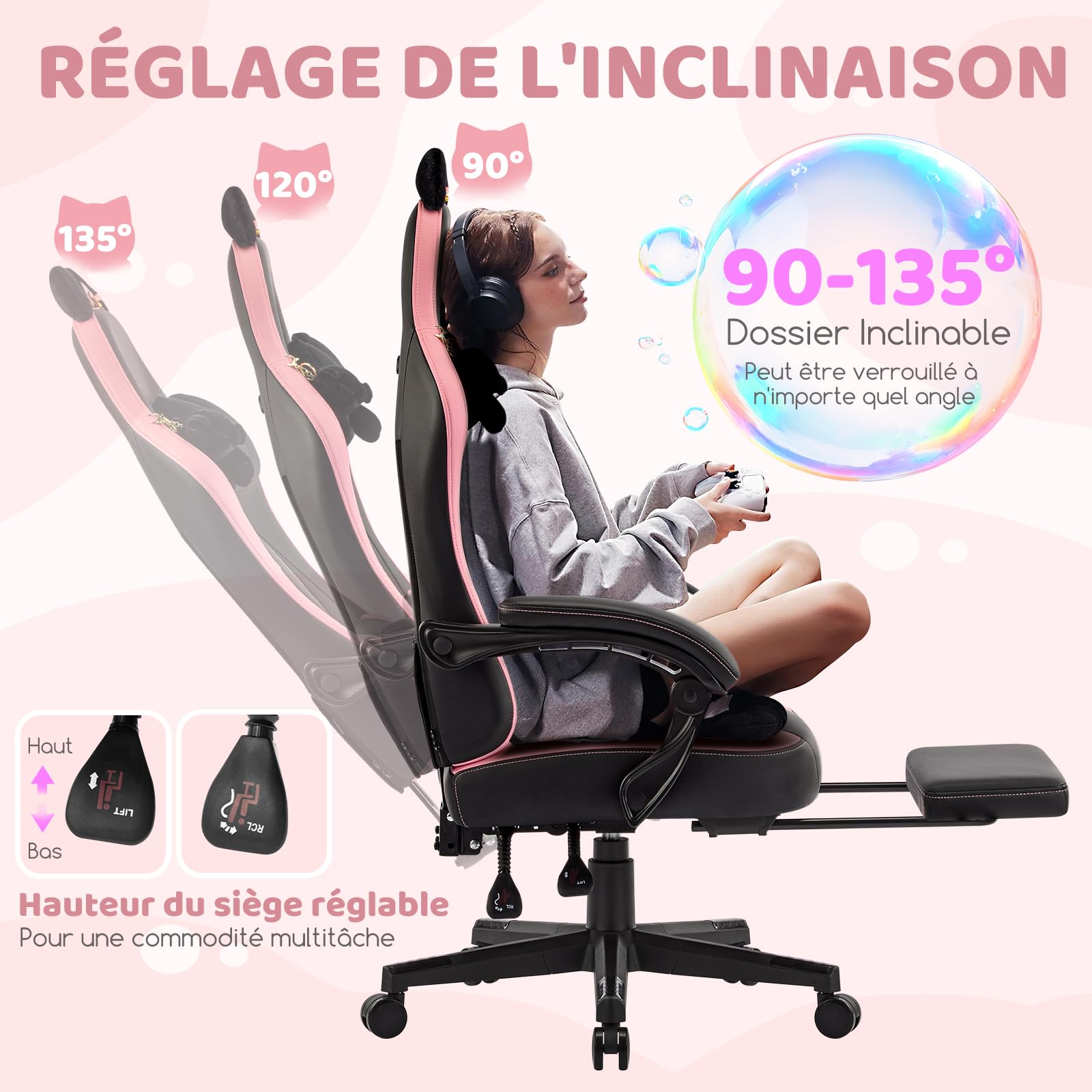 Hellove Chaise Gaming Ergonomique, Fauteuil Gamer avec Repose-Pieds Rétractable, Coussin Lombaire et Oreilles de Chat, pour Filles, Adolescents, Enfants, Cuir PU, Noir et Rose