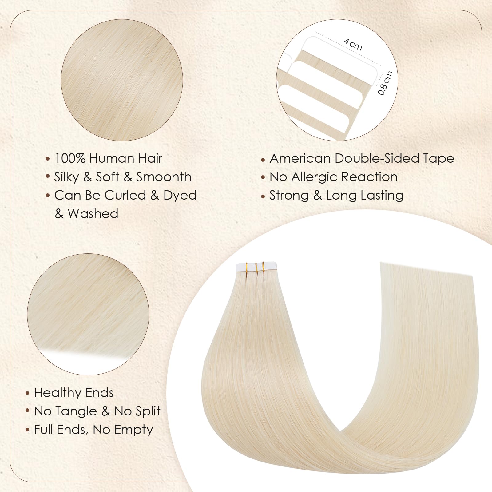 Elailite Extension Biadesivo Capelli Veri Adesive Human Hair Cuciti 10 Ciocche Tape Extensions Biadesive 20g 25cm #60 Biondo Platino