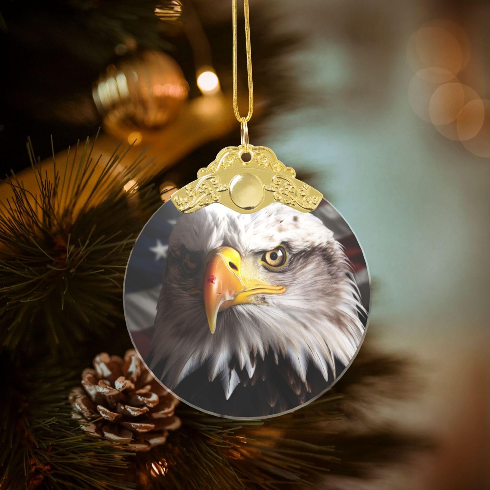 Crystal Christmas Ornaments for Christmas Tree Decoration Hanging America Flag and Eagle Ornament with Gold Ribbon Crafts Round Pendant for Keepsake Gifts Glass Xmas Decor Party Supplies
