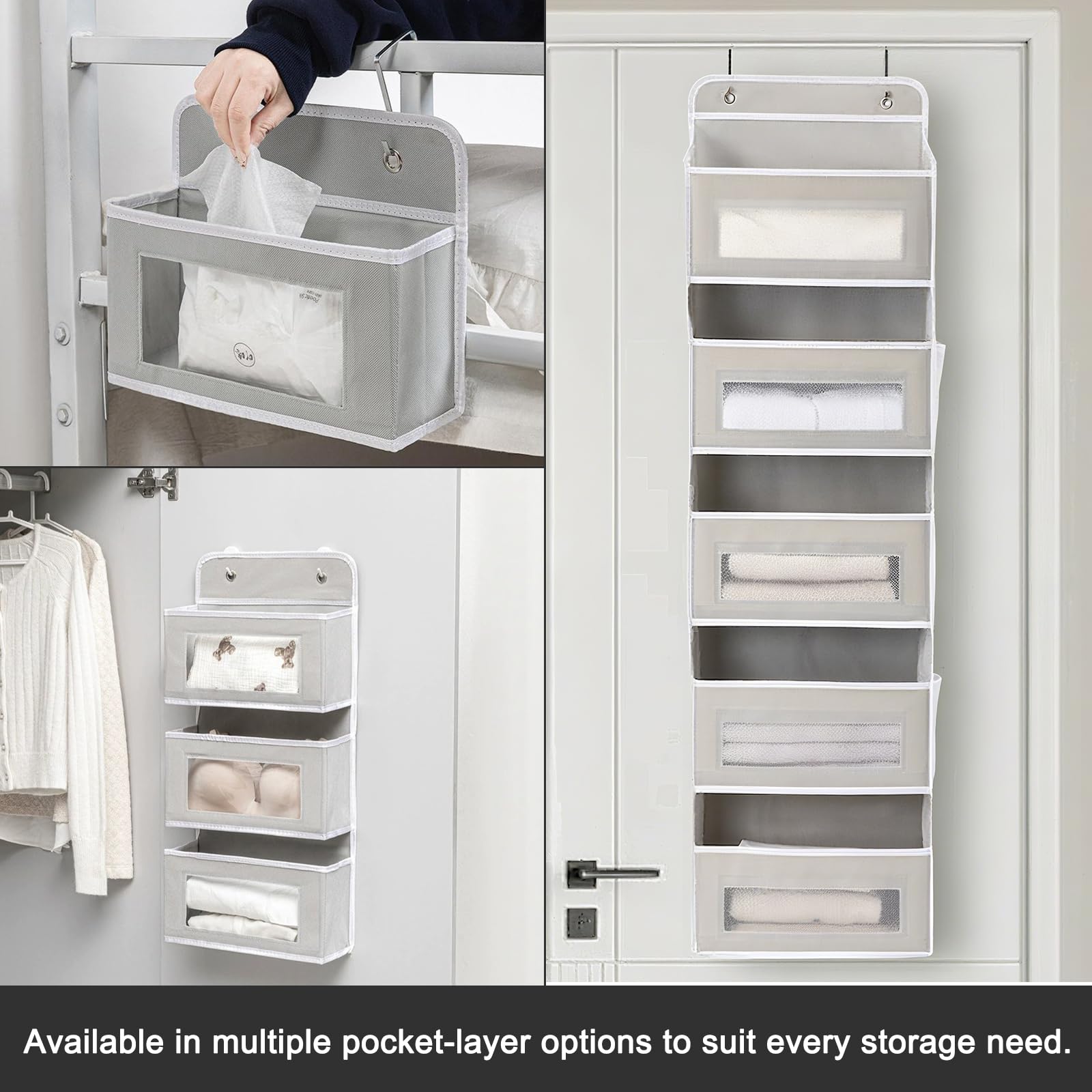 Hoconnie Organiseur de porte à suspendre avec poches transparentes, crochets en métal pour chambre, salle de bain, cuisine, camping-car, (gris clair, 5 poches)