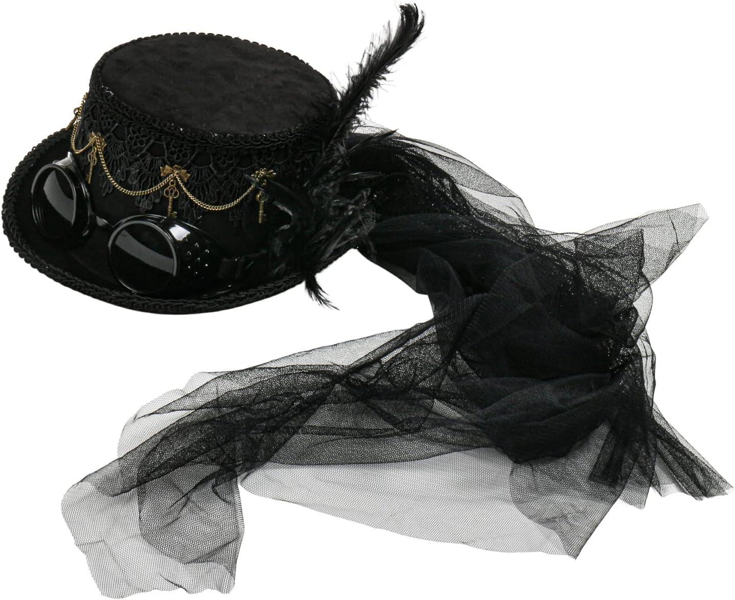 Women Gothic Steampunk Victorian Top Hat Headdress Long Lace Veil Feather with Goggles, 19th Century Black Deluxe Victorian Ladies Party Top Hat Steampunk Costume Glasses Goggles