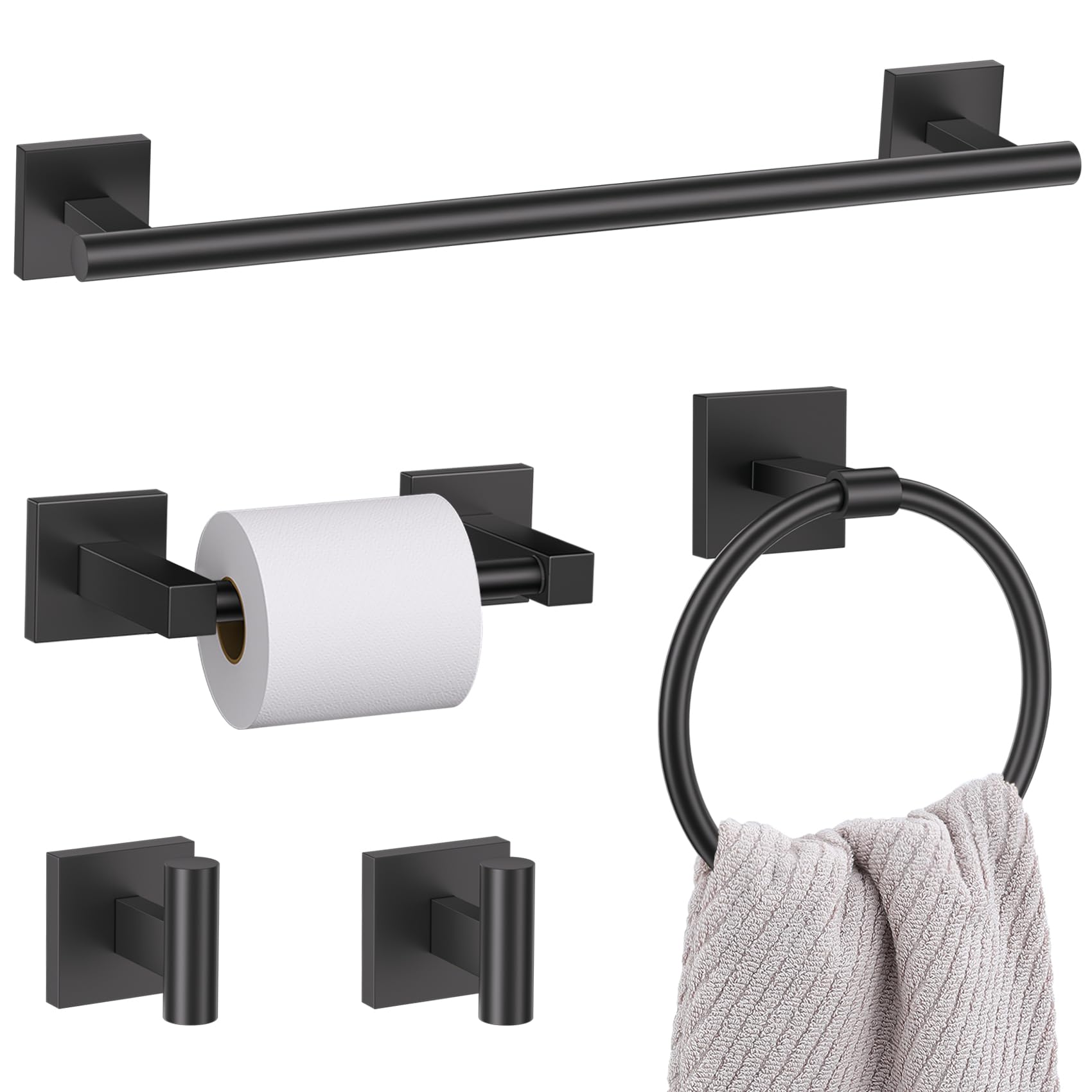 LMYSXAOZ 5 Pieces Bathroom Hardware Set Matte Black Towel Bar Includes 23.6” Bar, Ring Holder, Toilet Paper Holder and Two Hooks, Accessories SUS304 Wall Mounted