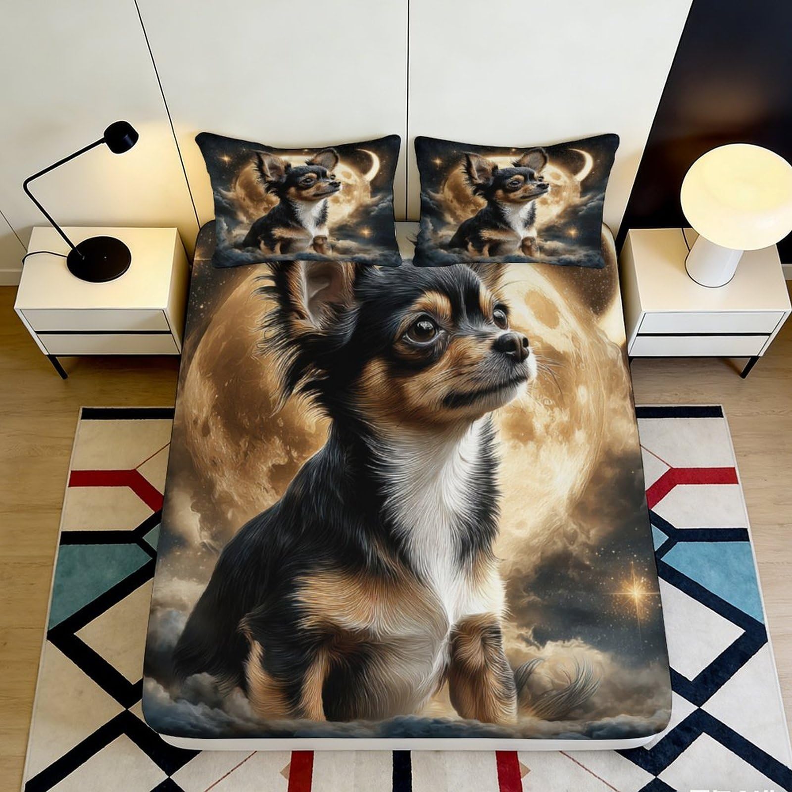 3D Printed Chihuahua Dog Fitted Sheet Microfiber Soft Breathable Full Moon Bed Cover for Bedroom Dormitory Guest Room Mattress Protection Decor 120x200x25cm