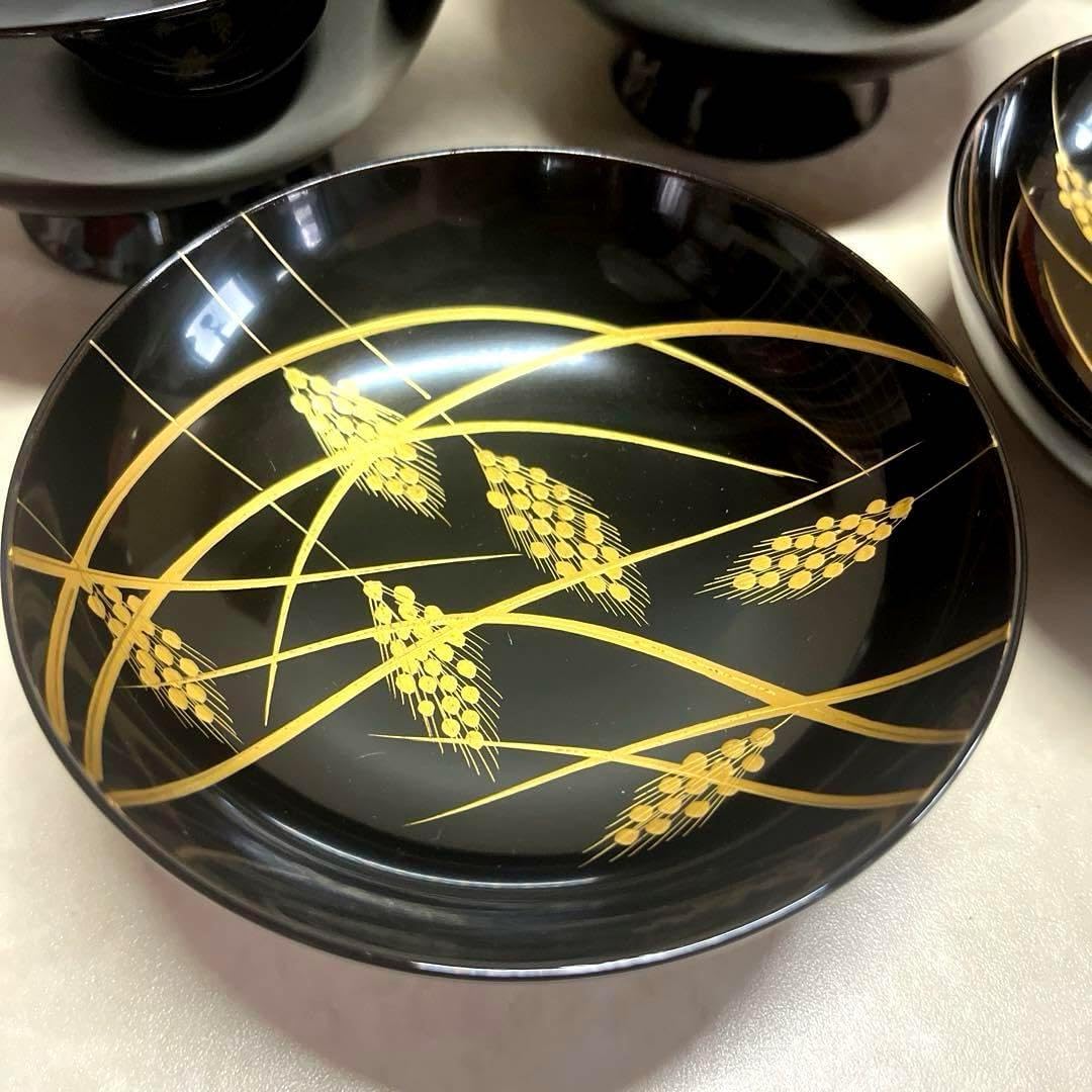 京漆匠　象彦　吸物椀　稲穂　五客 平安象彦 黒漆塗り 稲穂 金蒔絵 吸物椀 5客セット - 生活骨董と