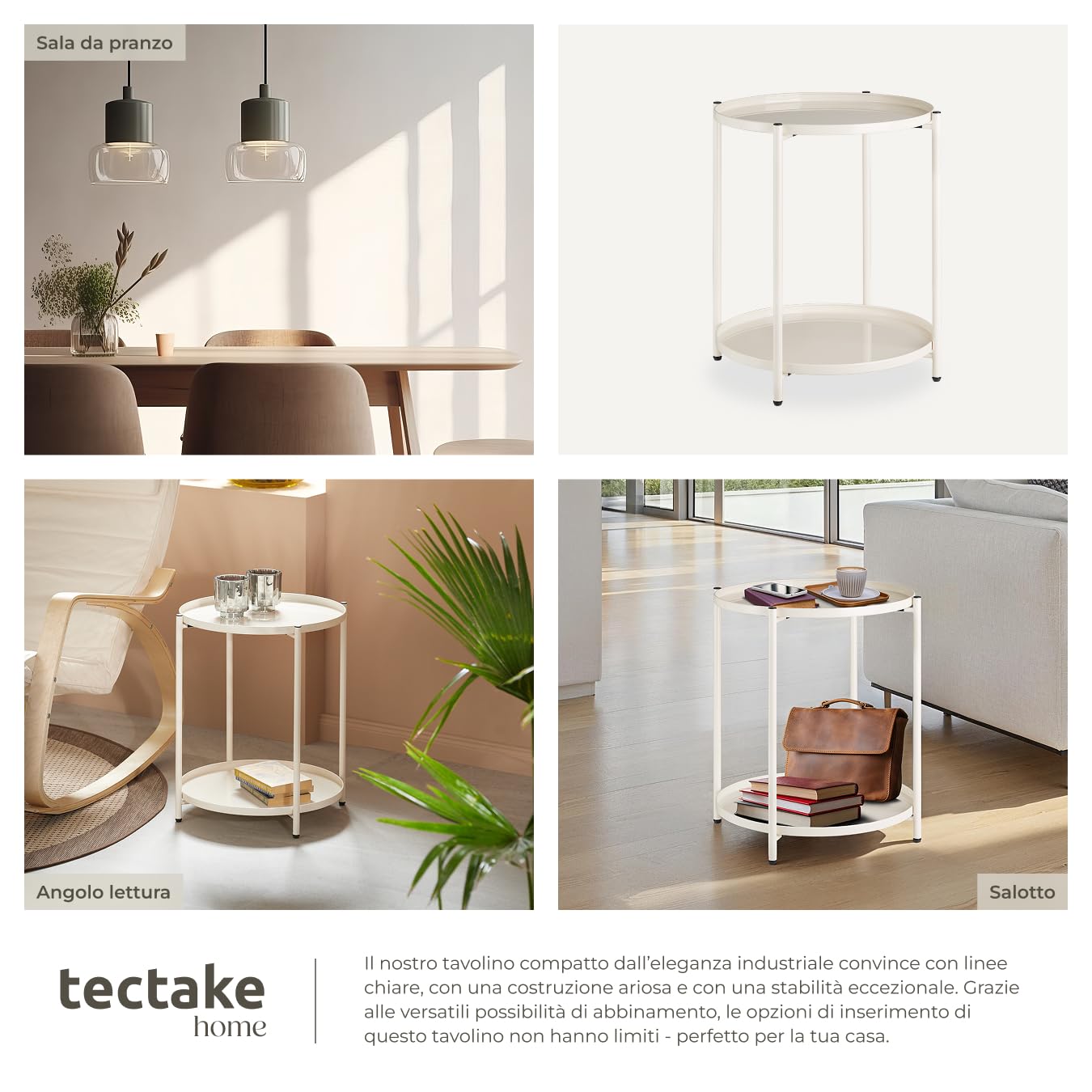 tectake® Tavolino Salotto 45,5 x 45,5 x 53 cm, Tavolino da salotto Tondo Basso, Mobile Soggiorno, Ripiano a Vassoio, Mobiletto Salvaspazio Divano, Camera, Ufficio, Soggiorno, Design Rustico - Crema