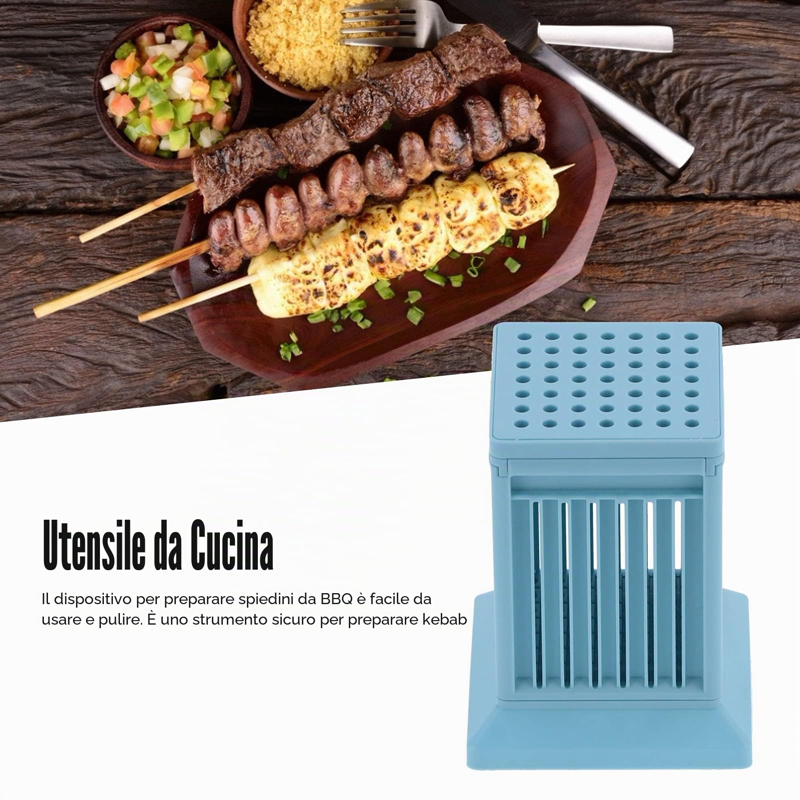 Produttore di spiedini di carne, produttore di spiedini a 49 fori, scatola di produzione di kebab, Strumento di produzione di spiedini per barbecue per cucina esterna