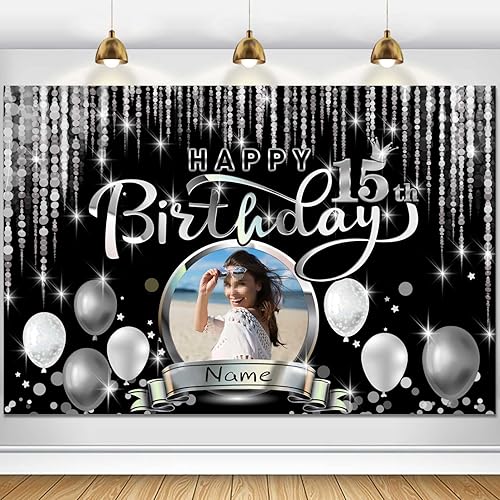 Cartel decorativo personalizado de feliz cumpleaños número 15 - Personalización disponible - Negro y plateado - Tamaño grande - Admite fotos y