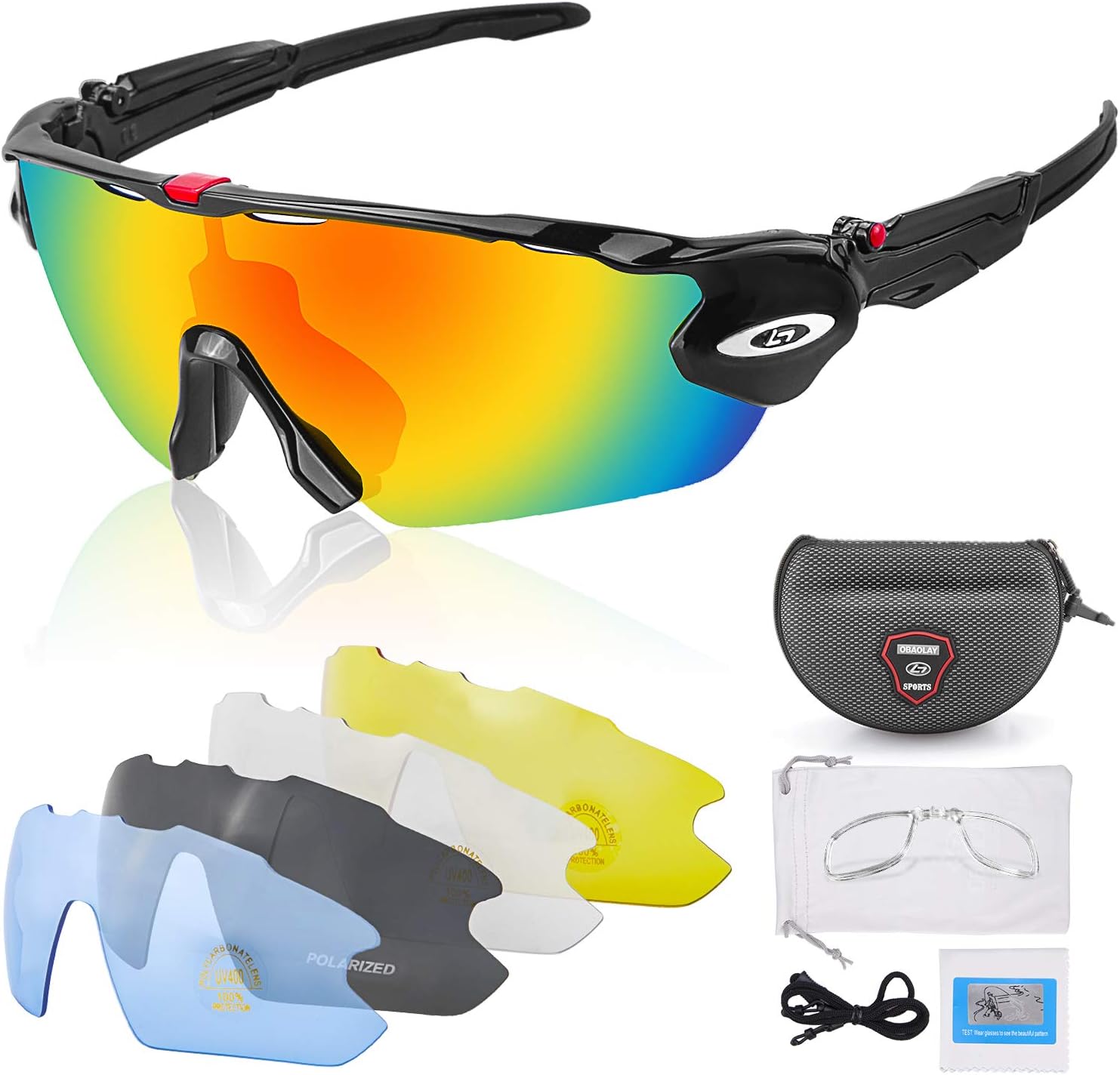 Polarized Sports Sunglasses, Professional Cycling Glasses with 5 Interchangeable Lens Anti-Glare UV400 Protection for Men and Women Cycling Driving Fishing Ski Running Golf