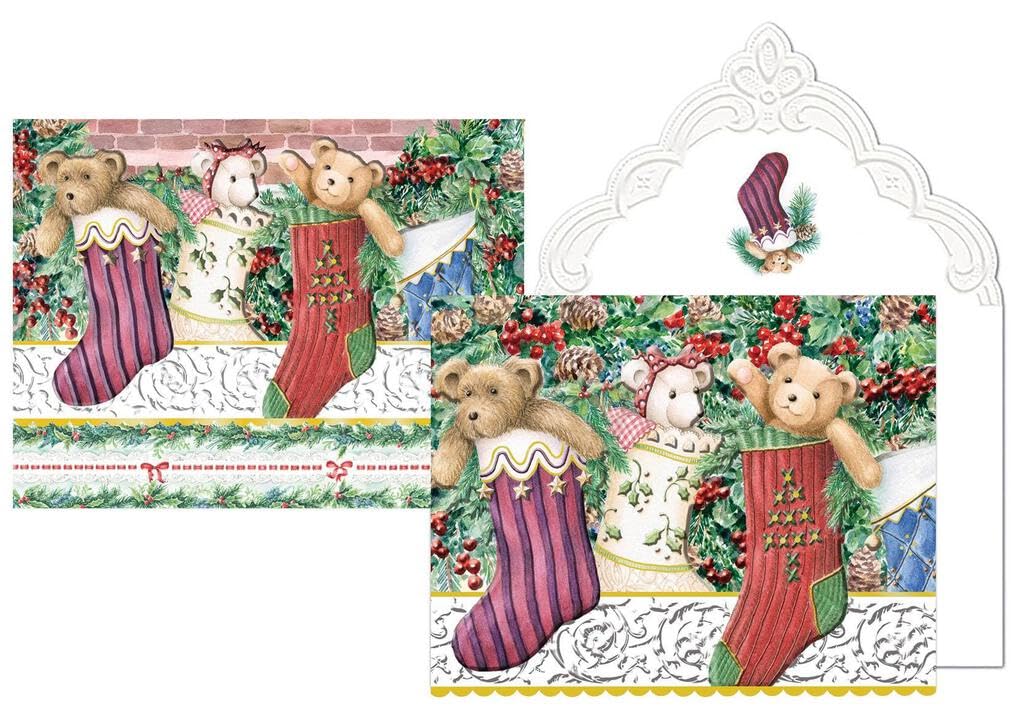 Set of 3 - Christmas Holiday Stockings Portfolio Boxed Note Cards by Carol Wilson. 10 embossed 4x5 Die-Cut Notecards and Matching Envelopes in Decorative Gift Box with Magnetic Flap. NCPX2604