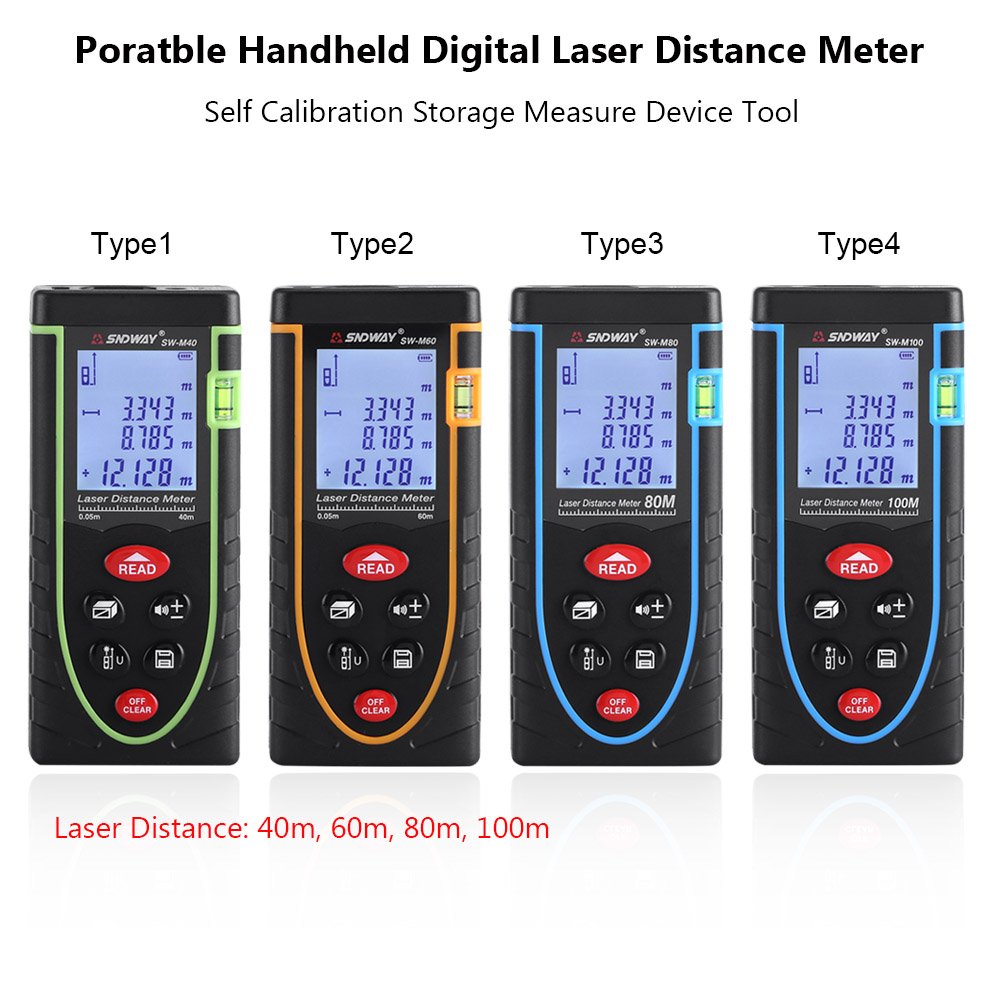 Distanziometro digitale portatile Range Finder 1 mm fino a 40/60/80/100 m con ampio display LCD di retroilluminazione e livella a bolla per interni ed esterni (40 m)