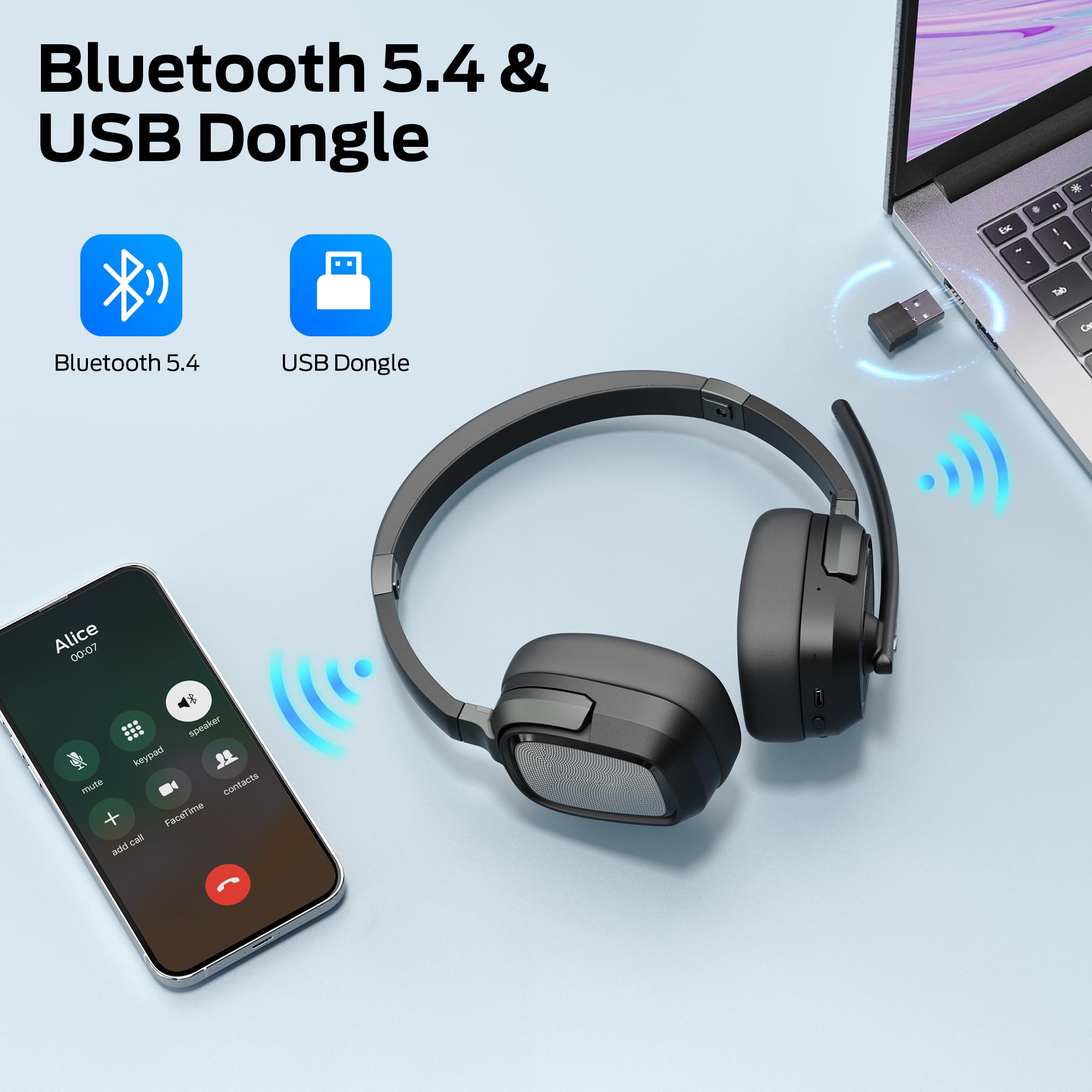 Monster VoiceLink 200 Wireless Headset with Mic, Bluetooth V5.4 Headphones with AI Noise Cancelling Mic & USB Dongle, 60H Playtime & Mic Mute for Computer/Laptop/PC/iPhone/Android - 4