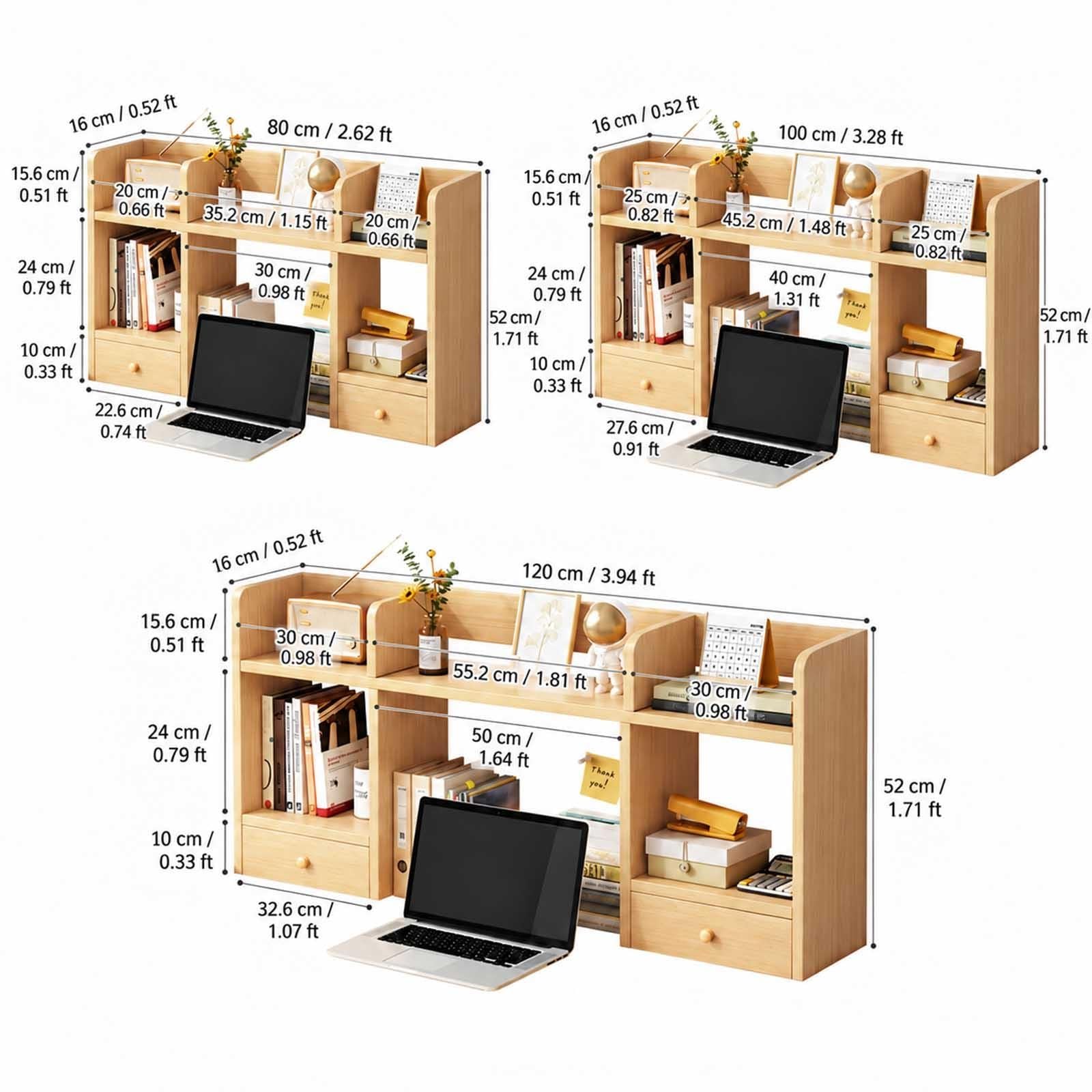 Wooden Desk Hutch with 5 Shelves & 2 Drawers, Desktop Bookcase