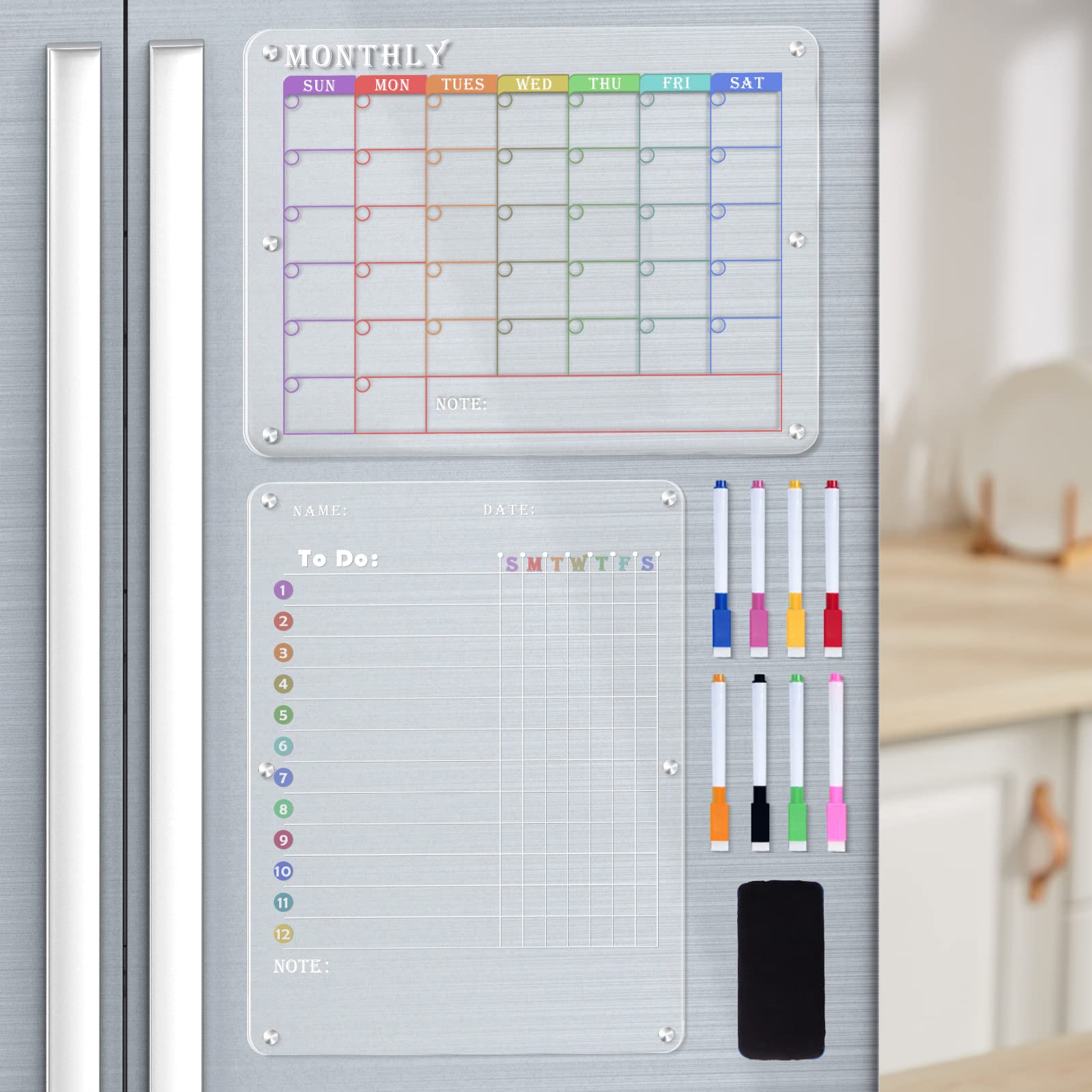 Acrylic Calendar for Fridge,Monthly & Weekly Magnetic Fridge Calendar 16"X12" Clear 2 Set Calendar for Refrigerator Reusable Planner, Includes 8 Colors Magnetic Dry Erase Board Markers with Eraser